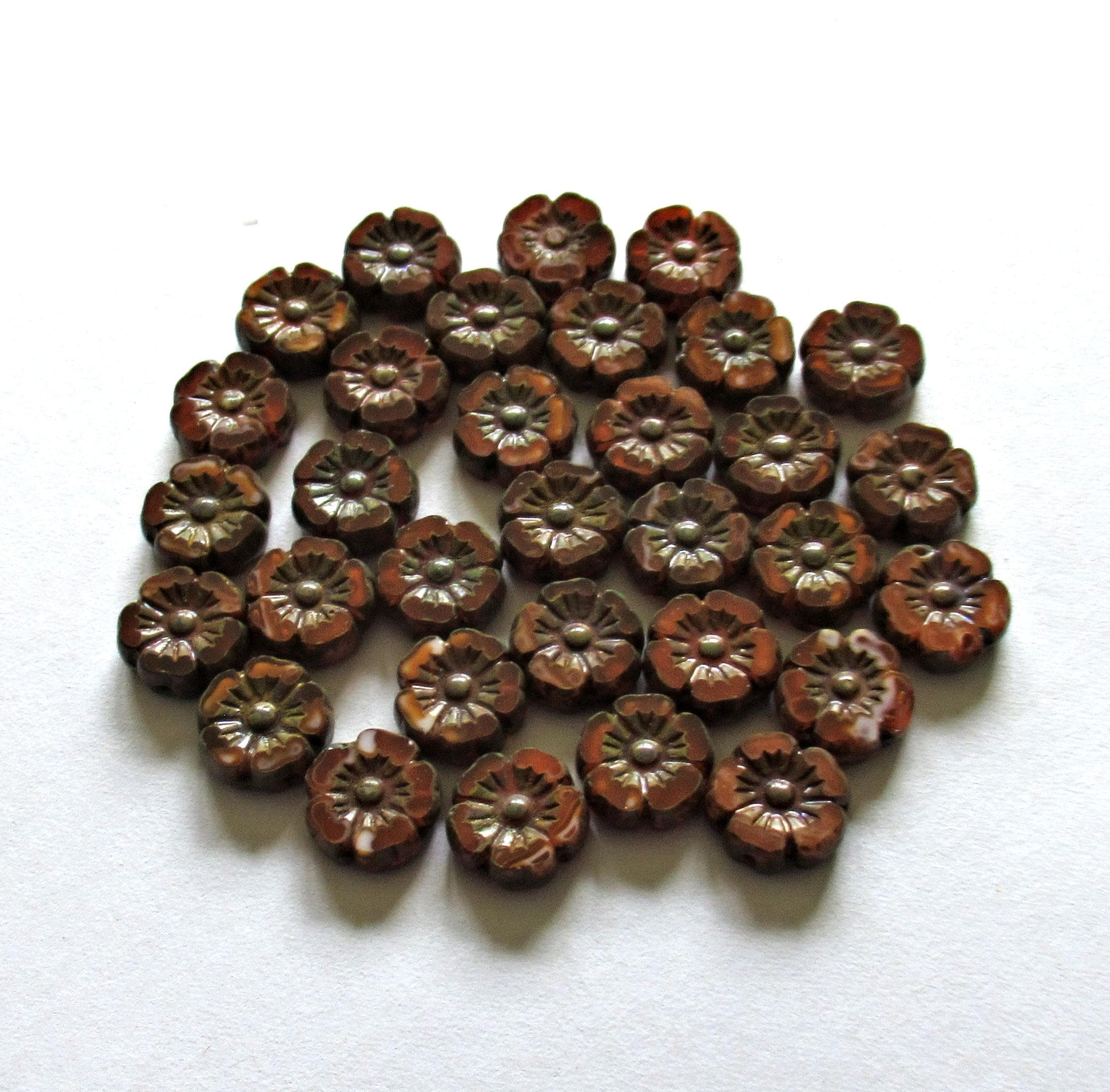 Lot of 16 9mm Czech glass flower beads - opaque brown orange & rust w/ picasso accents - Hawaiian hibiscus table cut carved beads - C00432