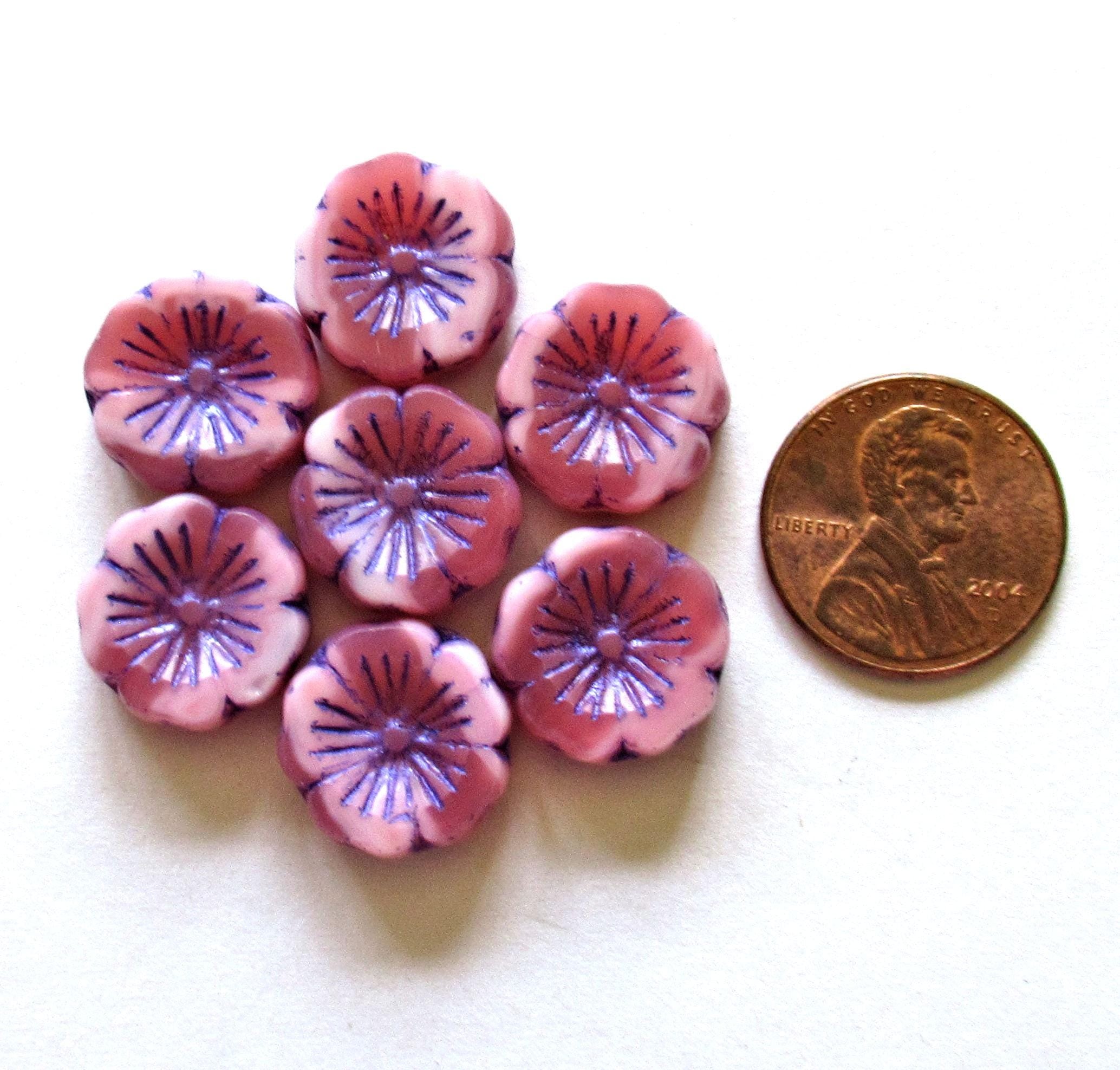 Six Czech glass flower beads - 14mm - light & dark pink mix w/ purple accents - table cut - Hawaiian hibiscus flower beads - C00342