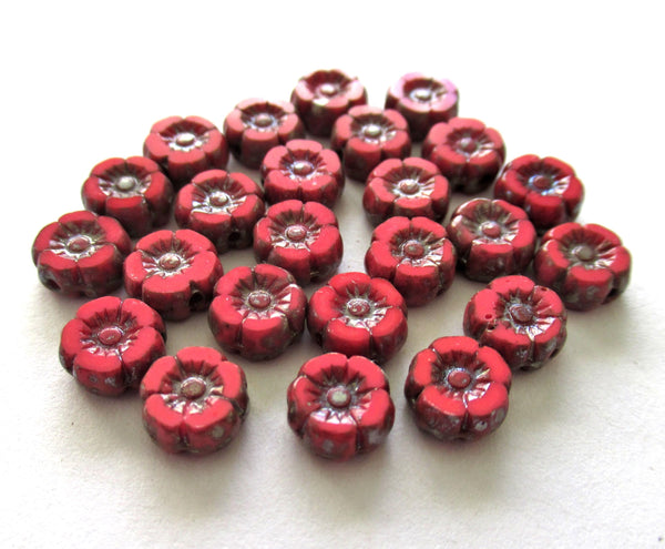 Twelve small 7mm Czech glass flower beads - opaque coral red w/ picasso accents - table cut carved Hawaiian hibiscus flower beads C00051