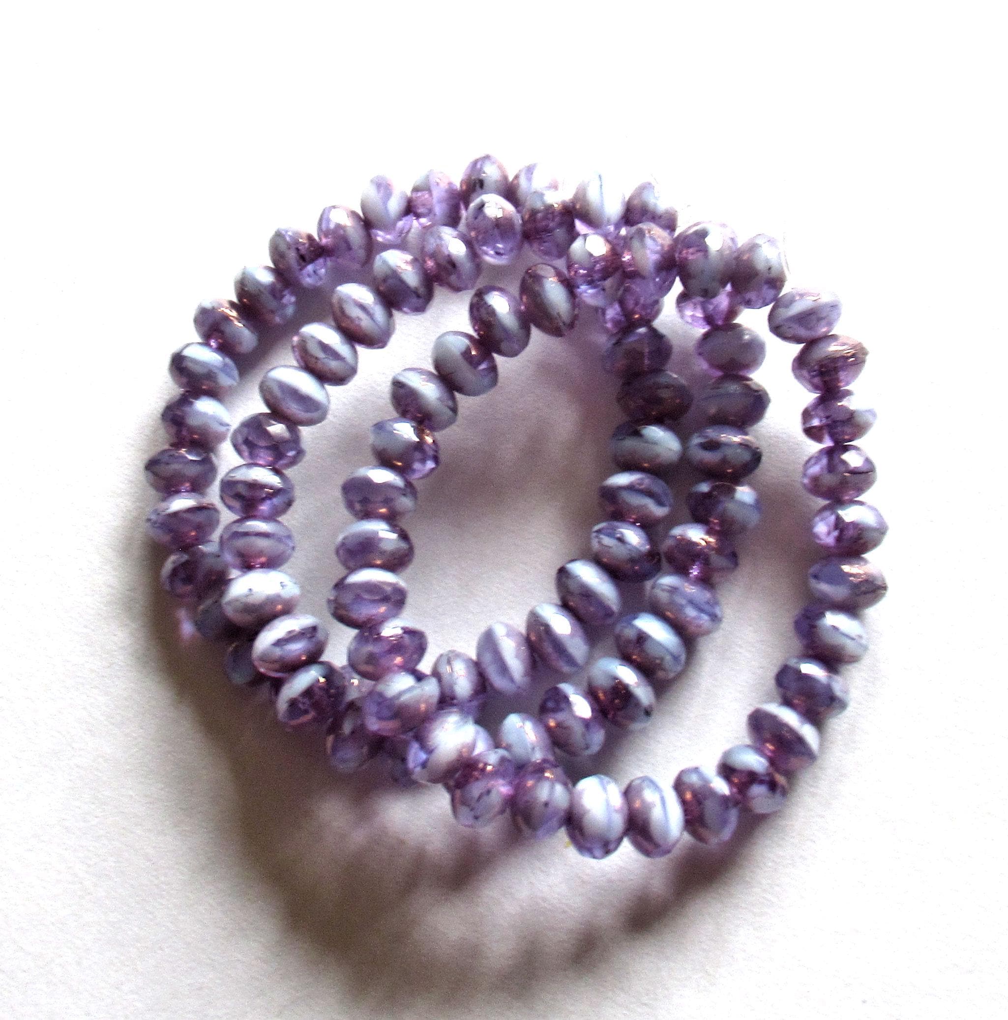 30 small Czech glass puffy rondelle beads - opaque & transparent lavender purple picasso - 3mm x 5mm - faceted rondelles - C00761