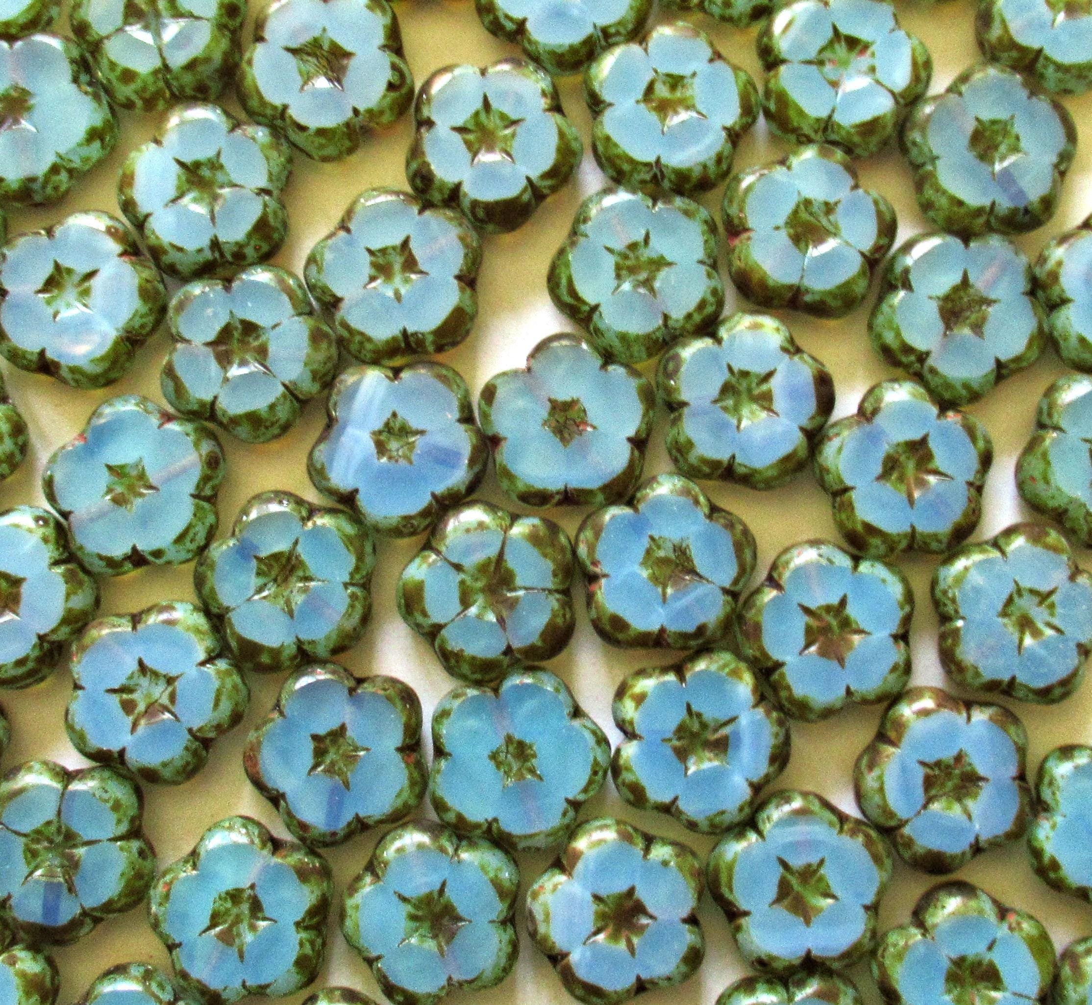 Six Czech glass flower beads - 14mm - translucent milky seafoam green w/ picasso accents - table cut carved - C00541