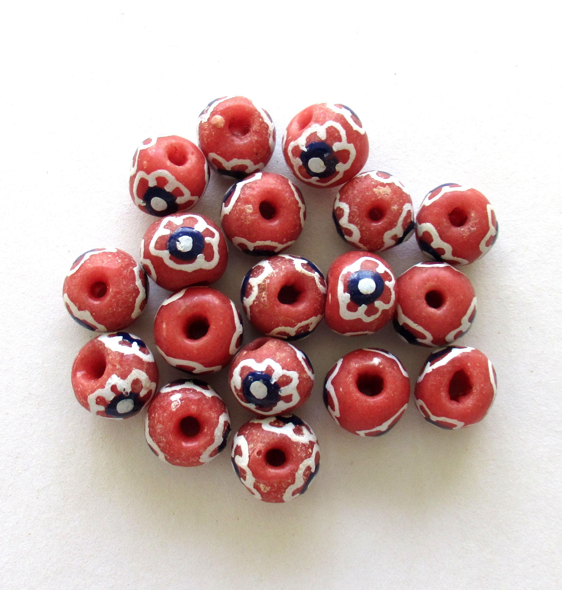 African Ghana Krobo glass donut or rondelle beads - red white & black flower beads - 12mm - big hole rustic beads - 8 beads - C00321