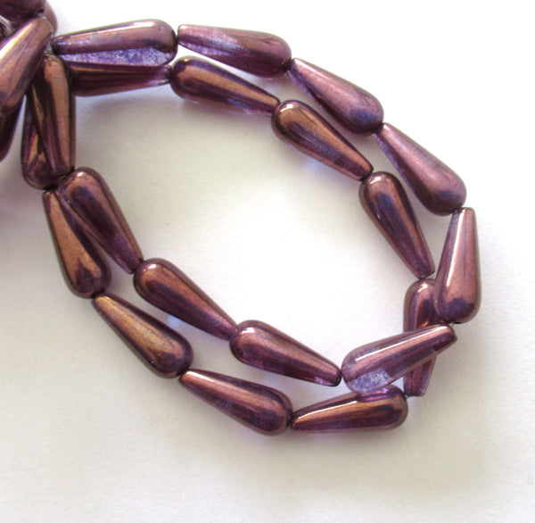 Ten Czech glass teardrop beads - amethyst / purple with a bronze finish - 6 x 15mm elongated tear drops 00311