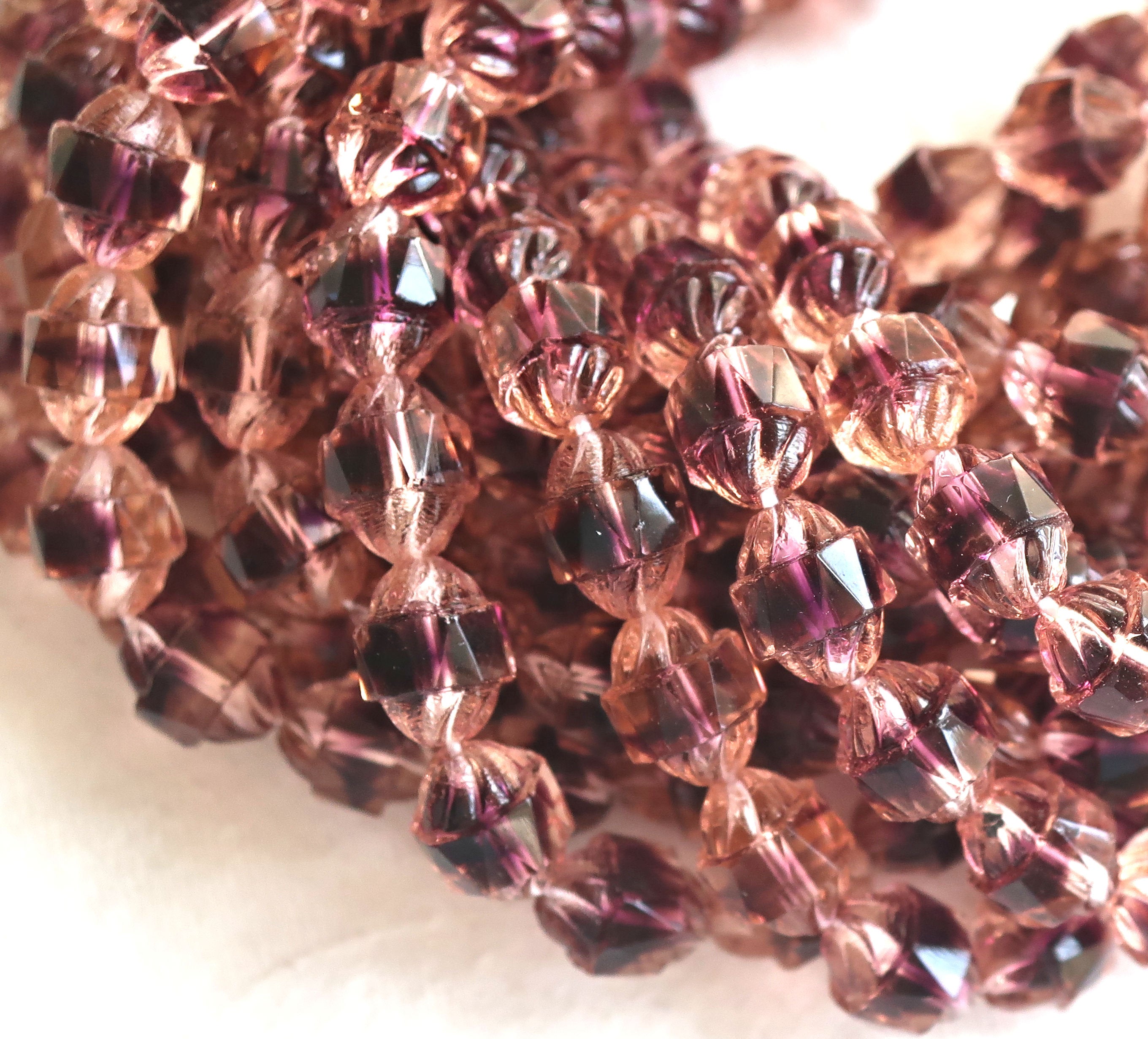 Lot of ten Czech glass antique cut turbine beads, 10 x 8mm transparent purple, amethyst & rosaline pink mix beads 7801