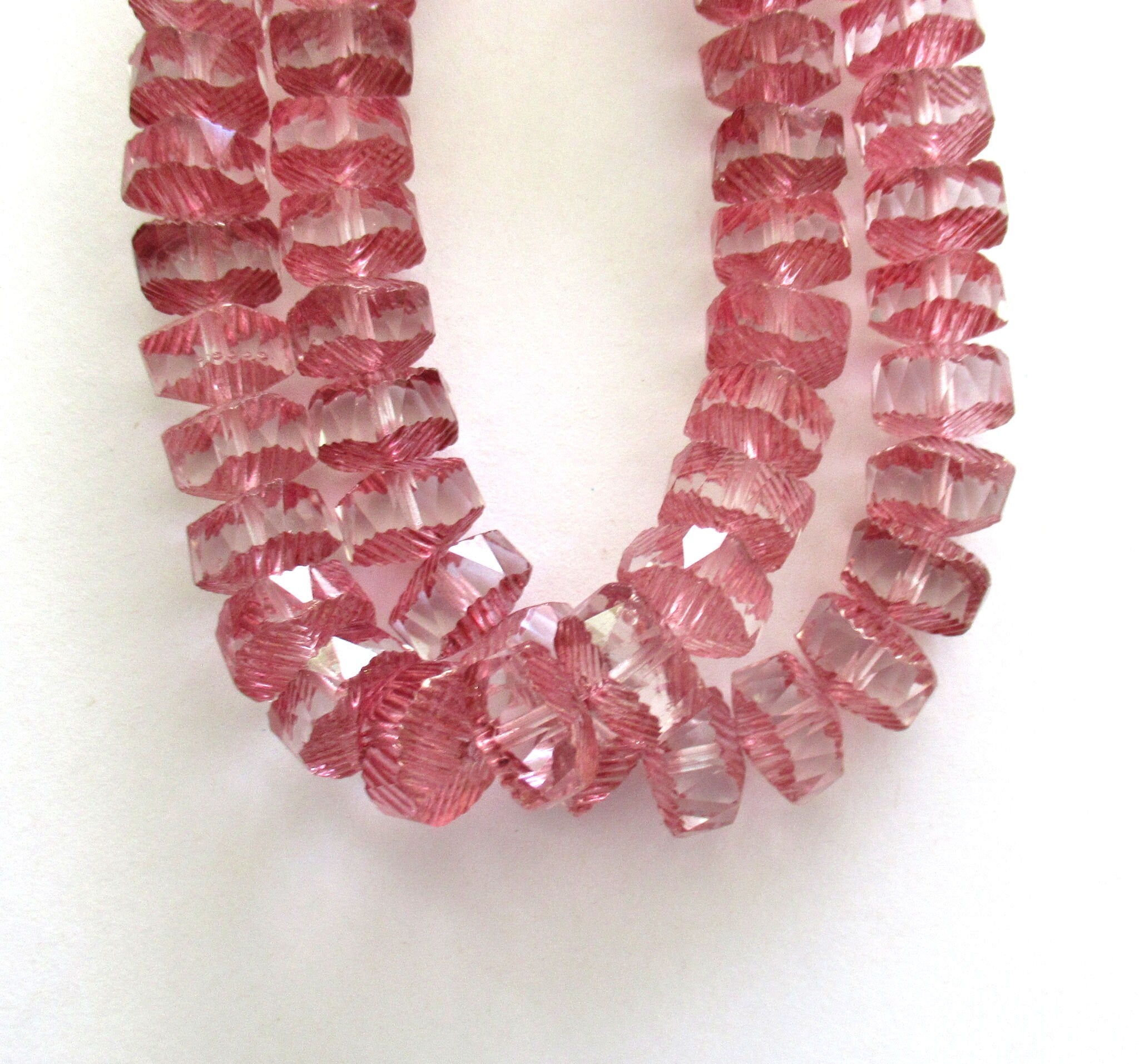 Lot of 6 Czech glass faceted wavy rondelle beads - large 14 x 6mm pink & crystal chunky rondelles - focal beads - C00971