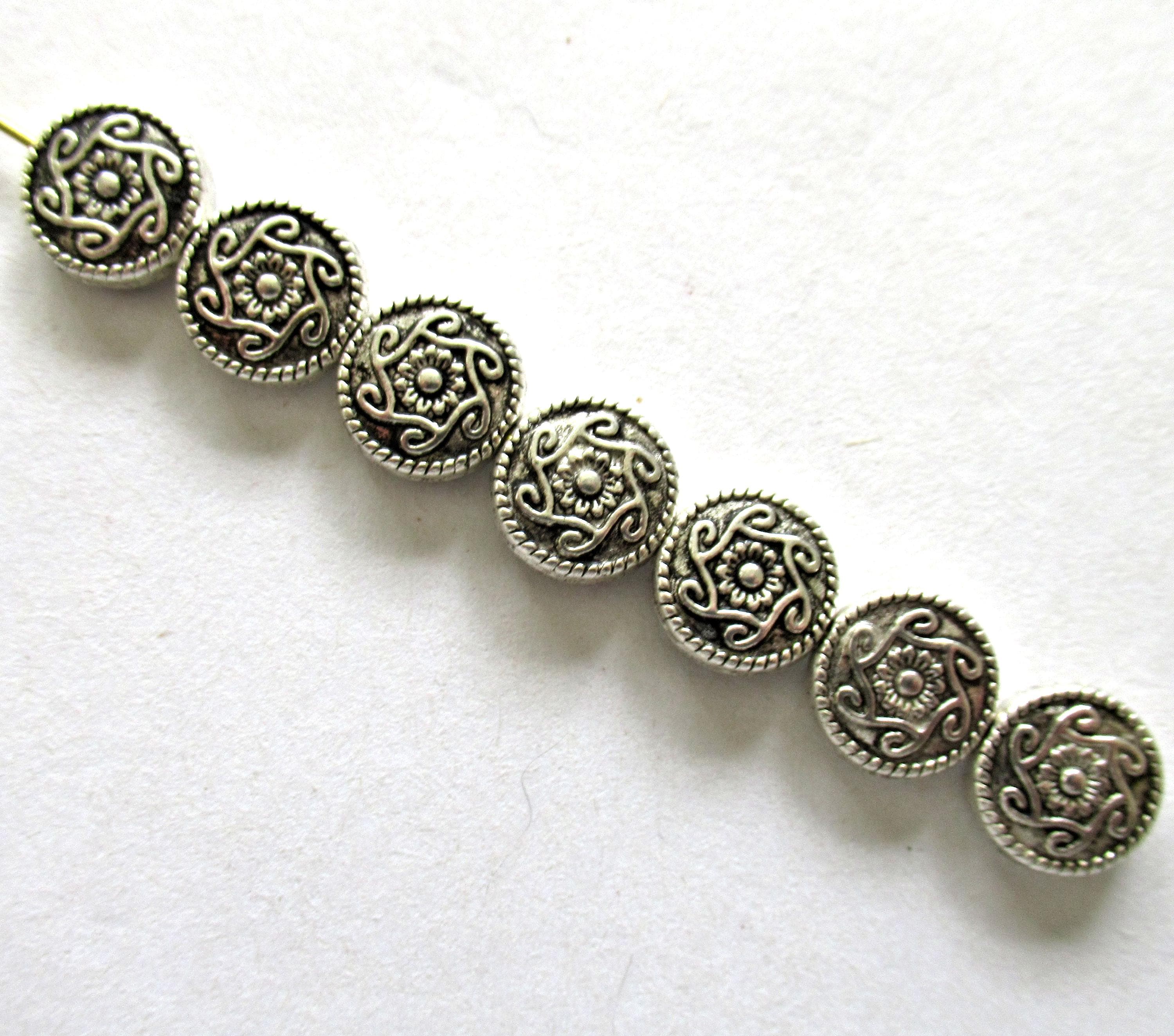 Antique Tibetan style - silver tone metal alloy beads - 10mm ornate coin beads - 20 pieces - C0098