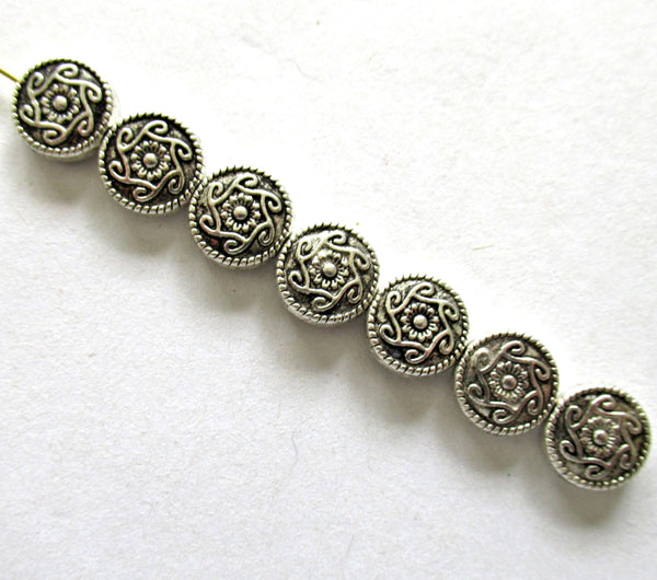 Antique Tibetan style - silver tone metal alloy beads - 10mm ornate coin beads - 20 pieces - C0098