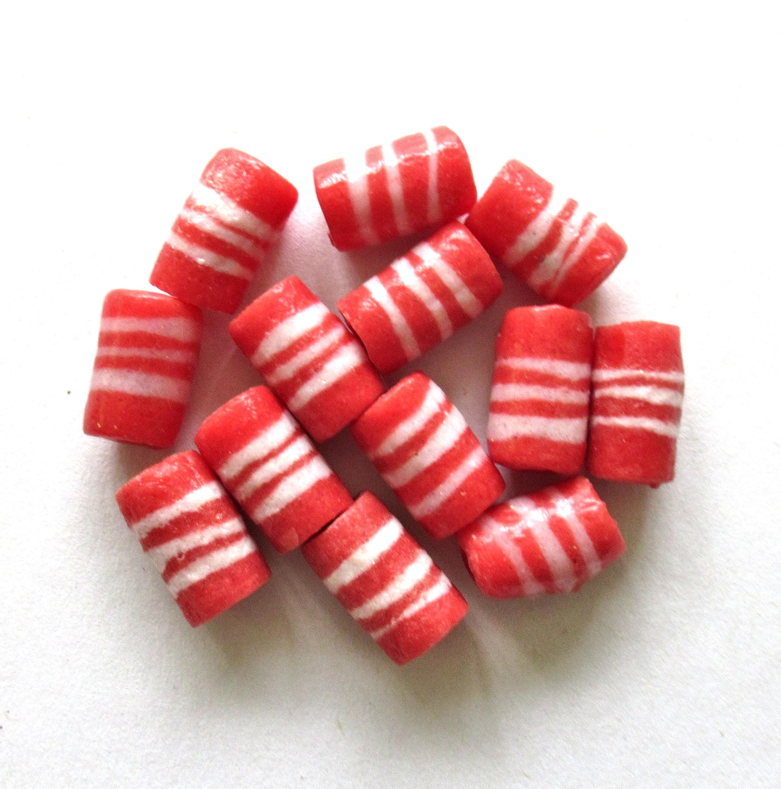 African Ghana Krobo glass tube beads - red & white striped beads - 13 to 14.5mm X 8.5 to 9mm - big hole sandcast beads - six beads - C00211