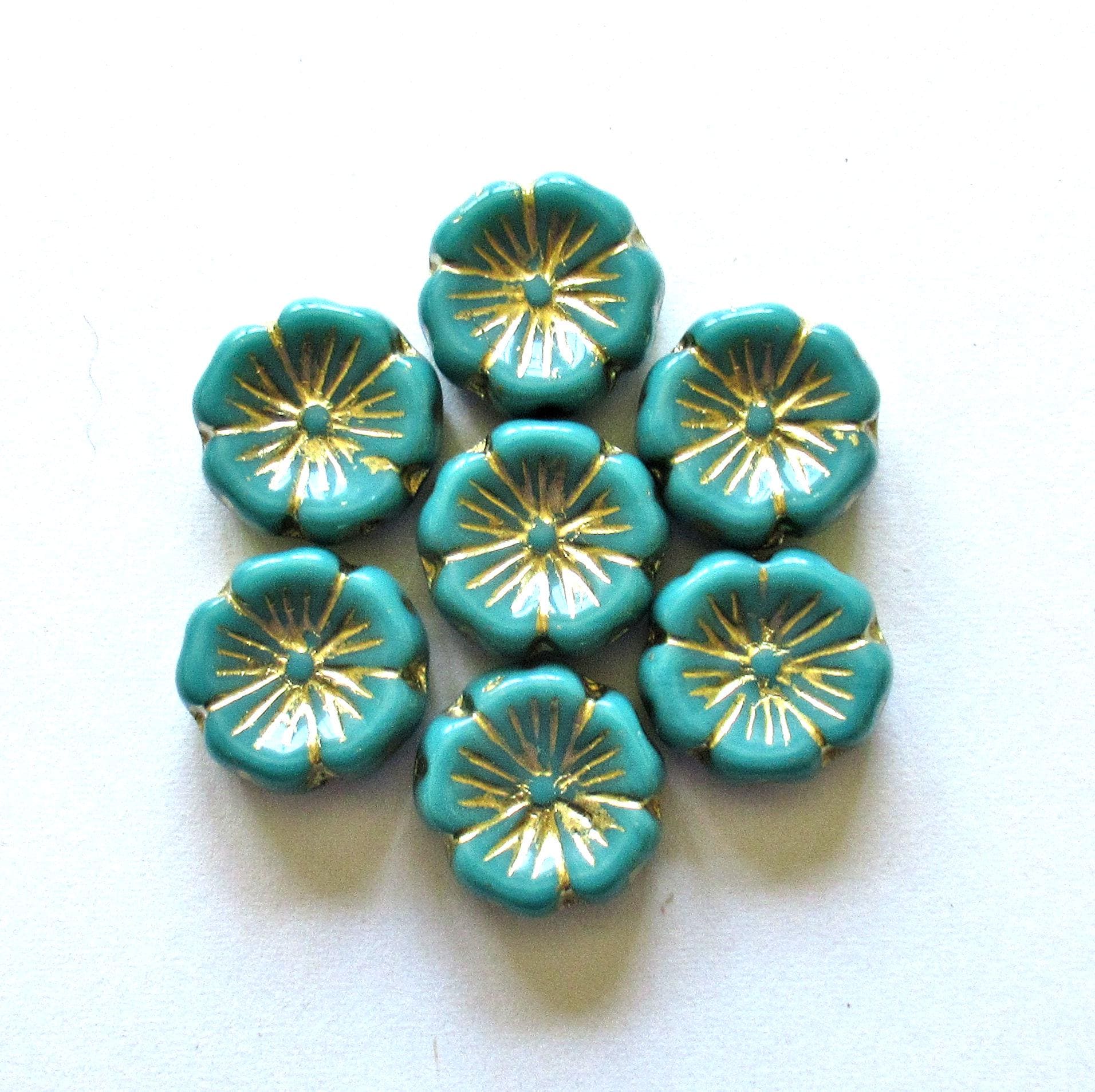 Six 14mm Czech glass flower beads - opaque green w/ a gold wash - carved Hawaiian hibiscus Flower beads - C00141