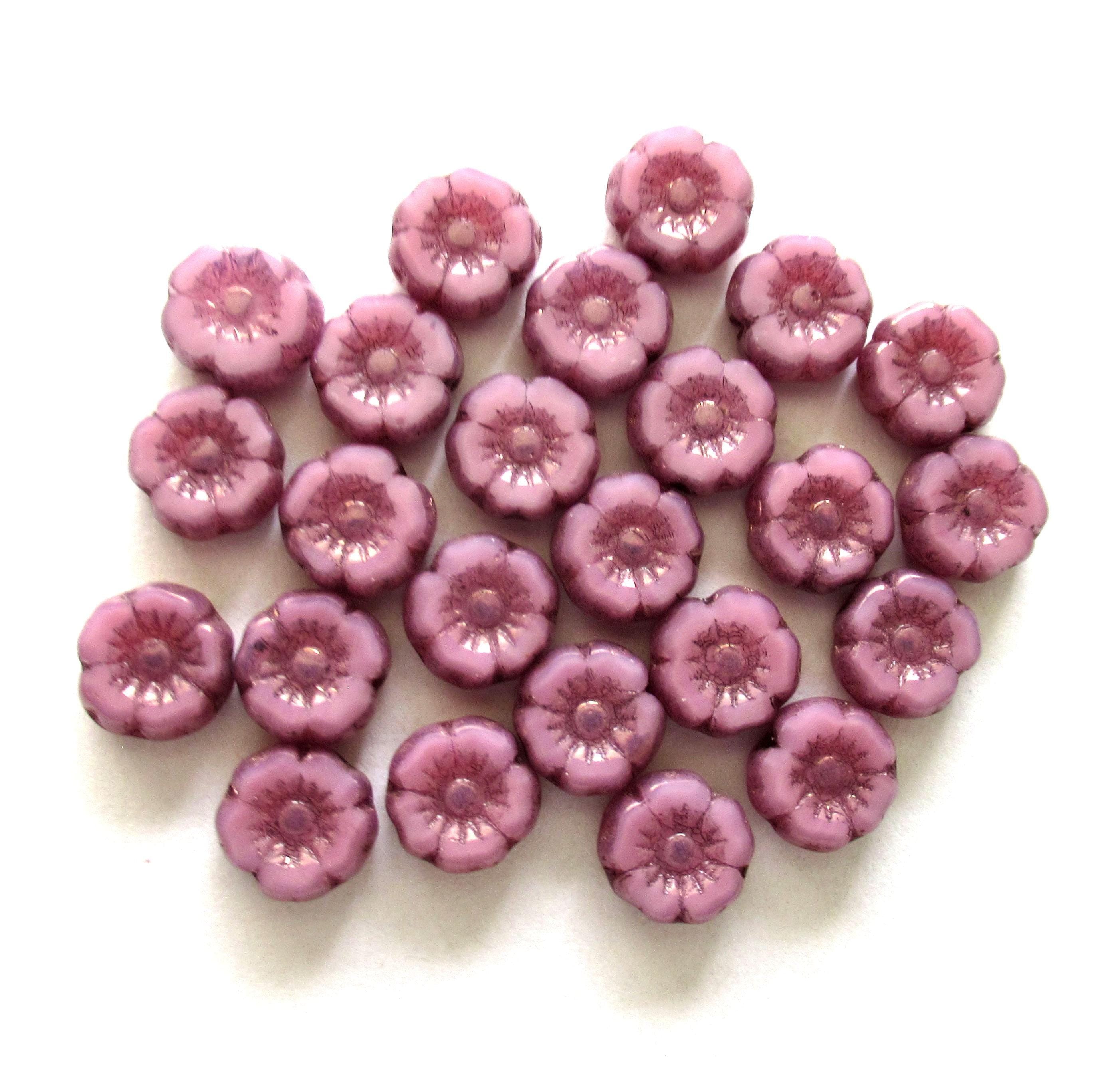 Lot of twelve 7mm Czech glass flower beads - pink opal with bronze accents - table cut carved Hawaiian hibiscus floral beads - C00081