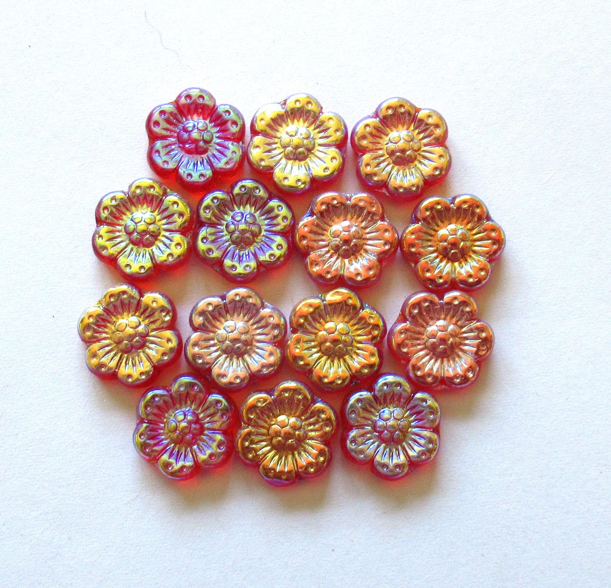 Ten Czech glass wild rose flower beads - 14mm - orange red w/ 2 x rainbow AB accents - C000131