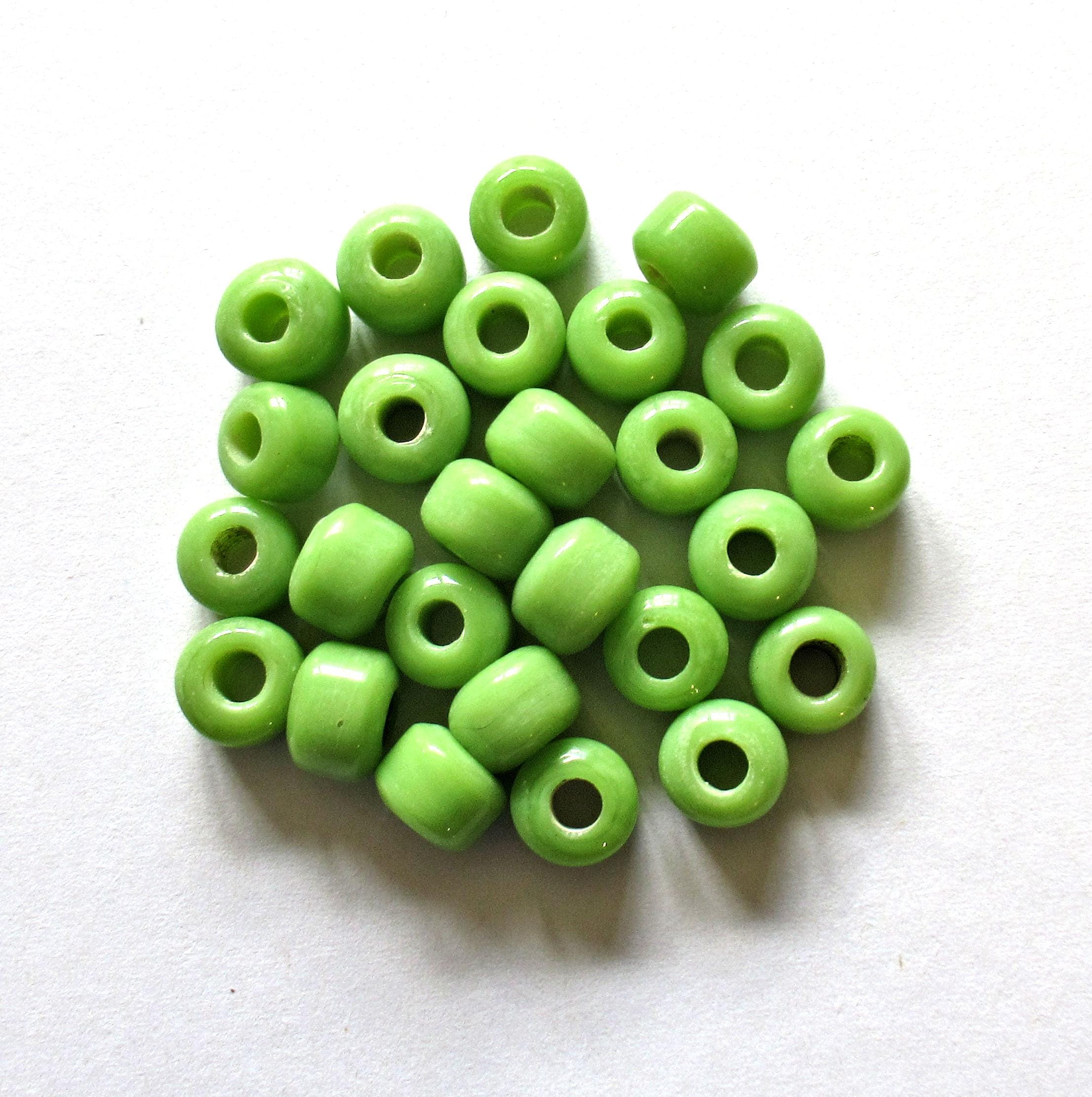 25 9mm glass pony or roller beads - opaque medium green big hole crow beads - made in India - C6401