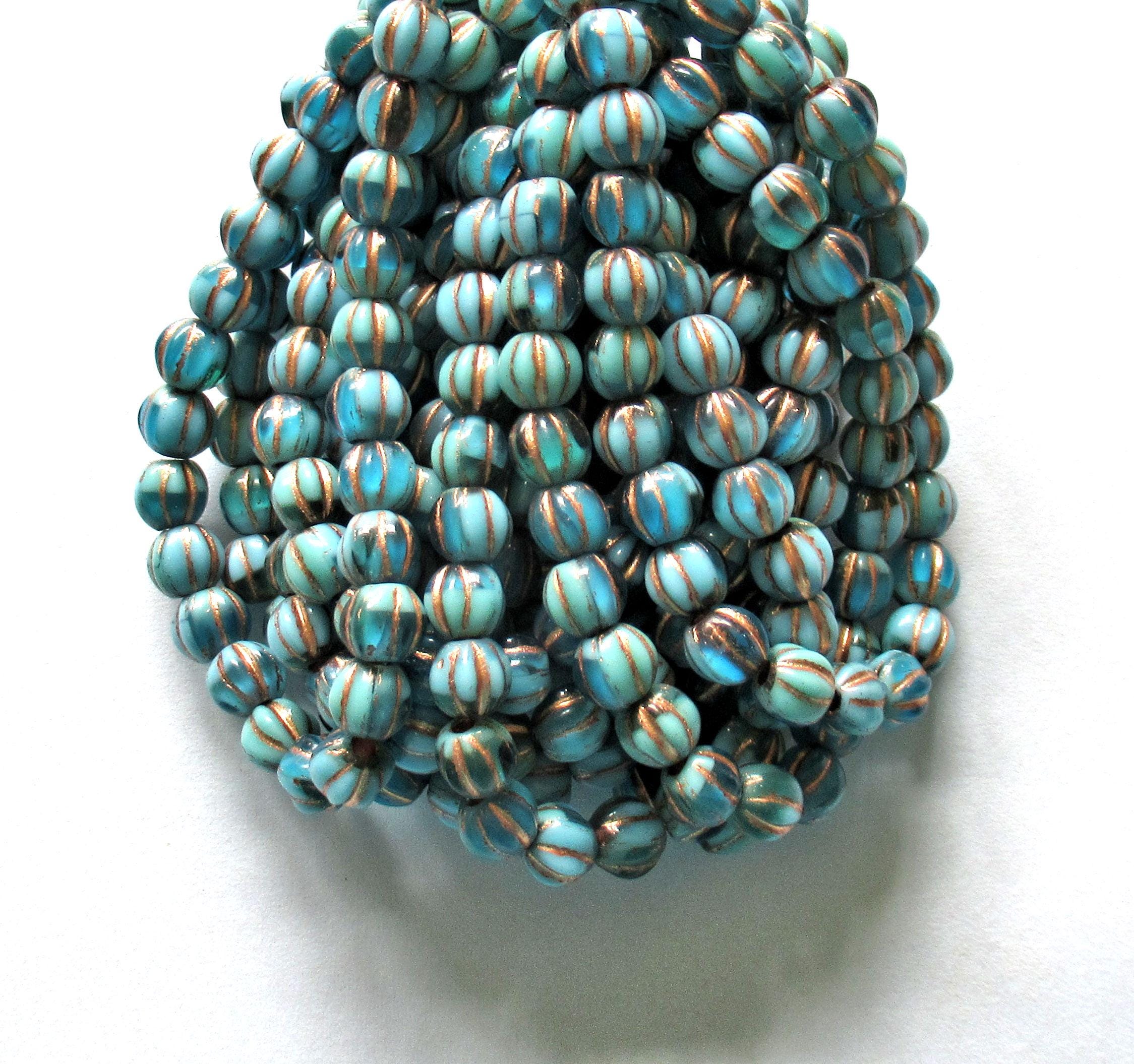 25 Czech glass big hole melon beads - 6mm - opaque & transparent blue with bronze accents - C00601