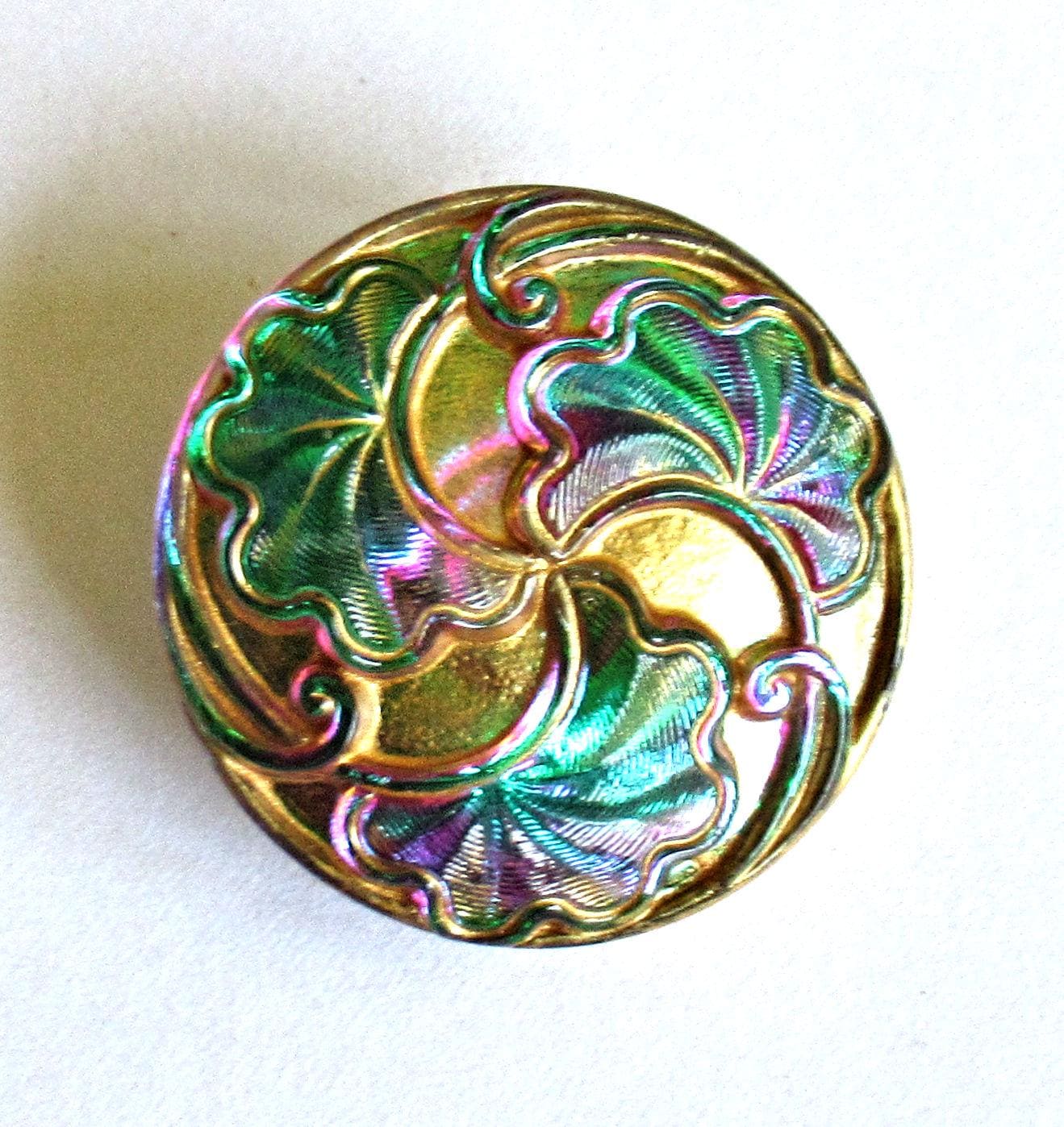 1 Czech glass button - 27mm - Art Nouveau leaf pattern - iridescent green & pink w/ a gold wash - decorative shank button - 00063