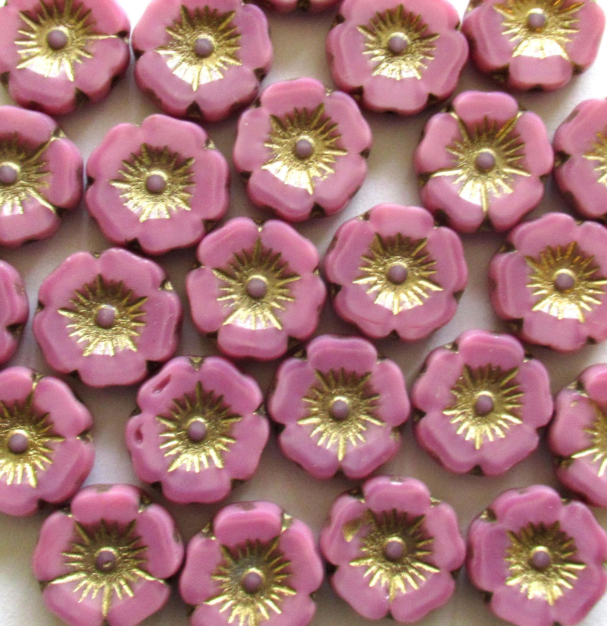 Czech glass flower beads - 12mm - opaque marbled pink &gold silk beads - table cut carved Hawaiian hibiscus floral beads - 8 beads - C00392