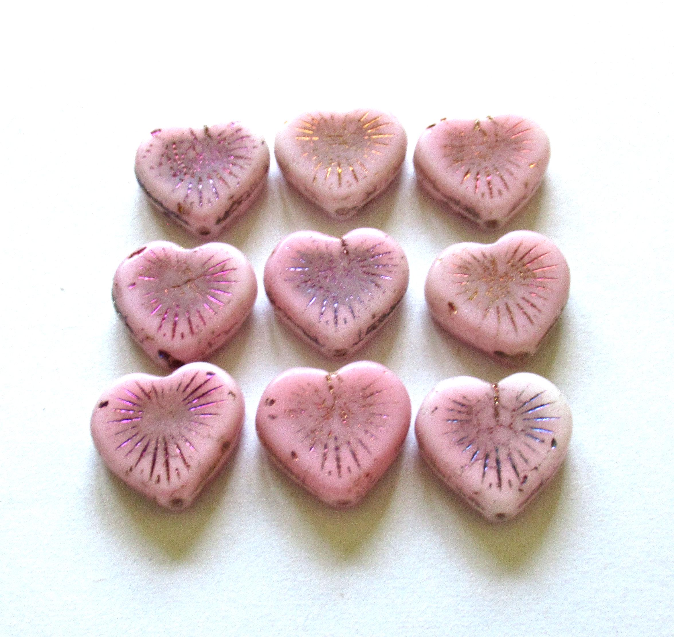 8 Czech glass flaming heart beads - 14mm - opaque baby pink w/ a copper & volcano wash - 00043