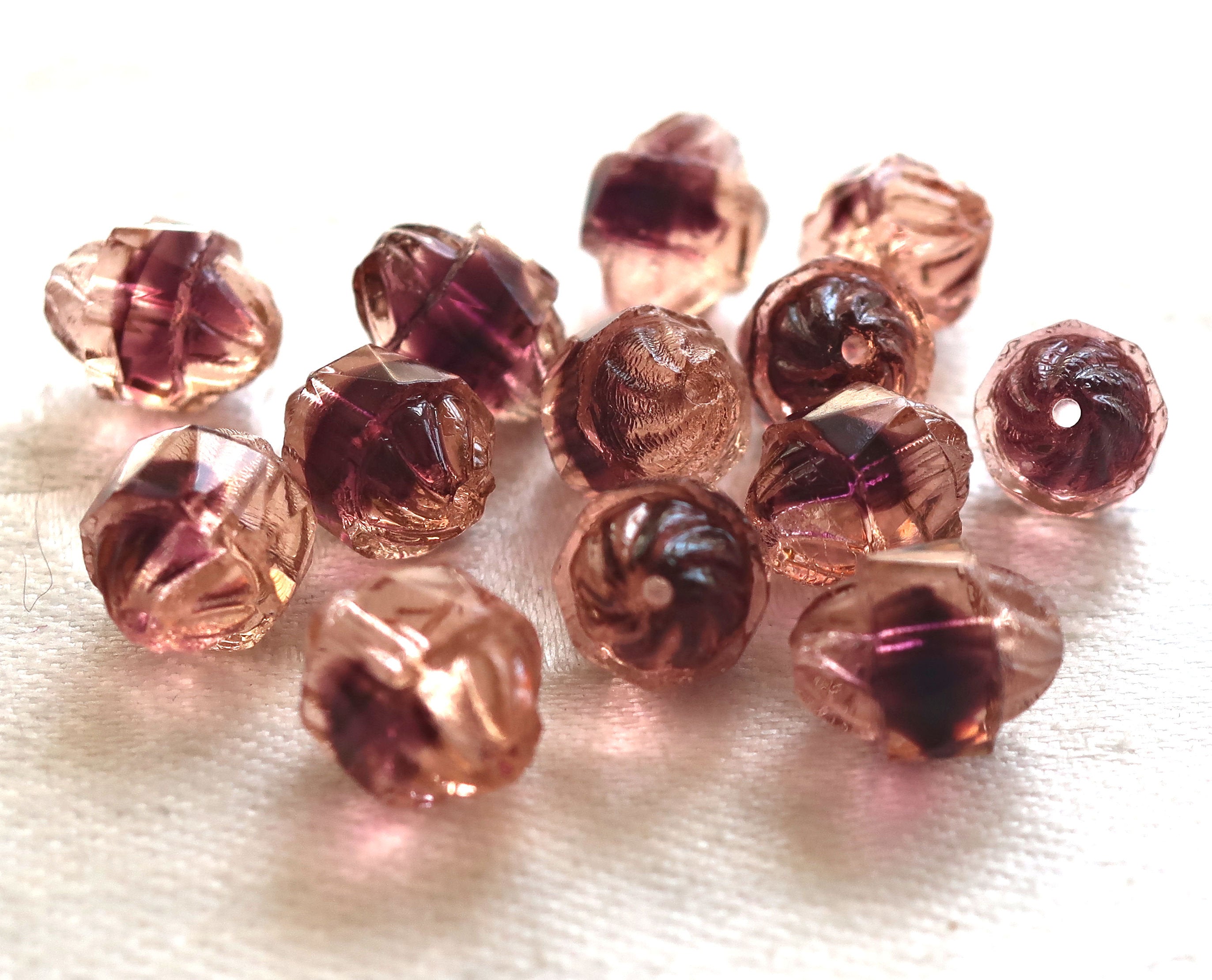Lot of ten Czech glass antique cut turbine beads, 10 x 8mm transparent purple, amethyst & rosaline pink mix beads 7801