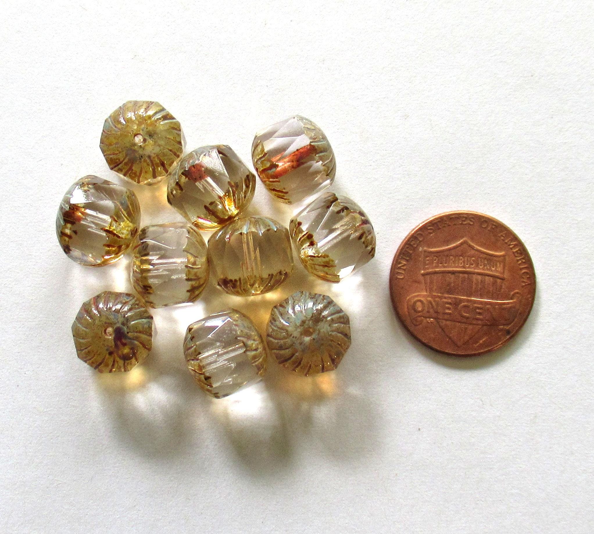 Ten Czech glass faceted carved cruller beads - 10mm - crystal clear picasso - cathedral beads - 00004