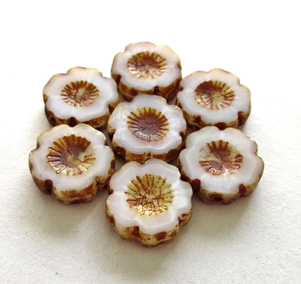 Six Czech glass flower beads - 14mm - silky white Hawaiian hibiscus flowers with brown picasso accents - carved table cut beads - C00021
