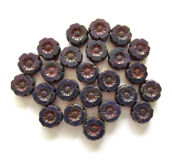 12 small Czech glass flower beads - 7mm purple amethyst opal Hawaiian flowers w/ red picasso accents - table cut, carved floral beads C00031