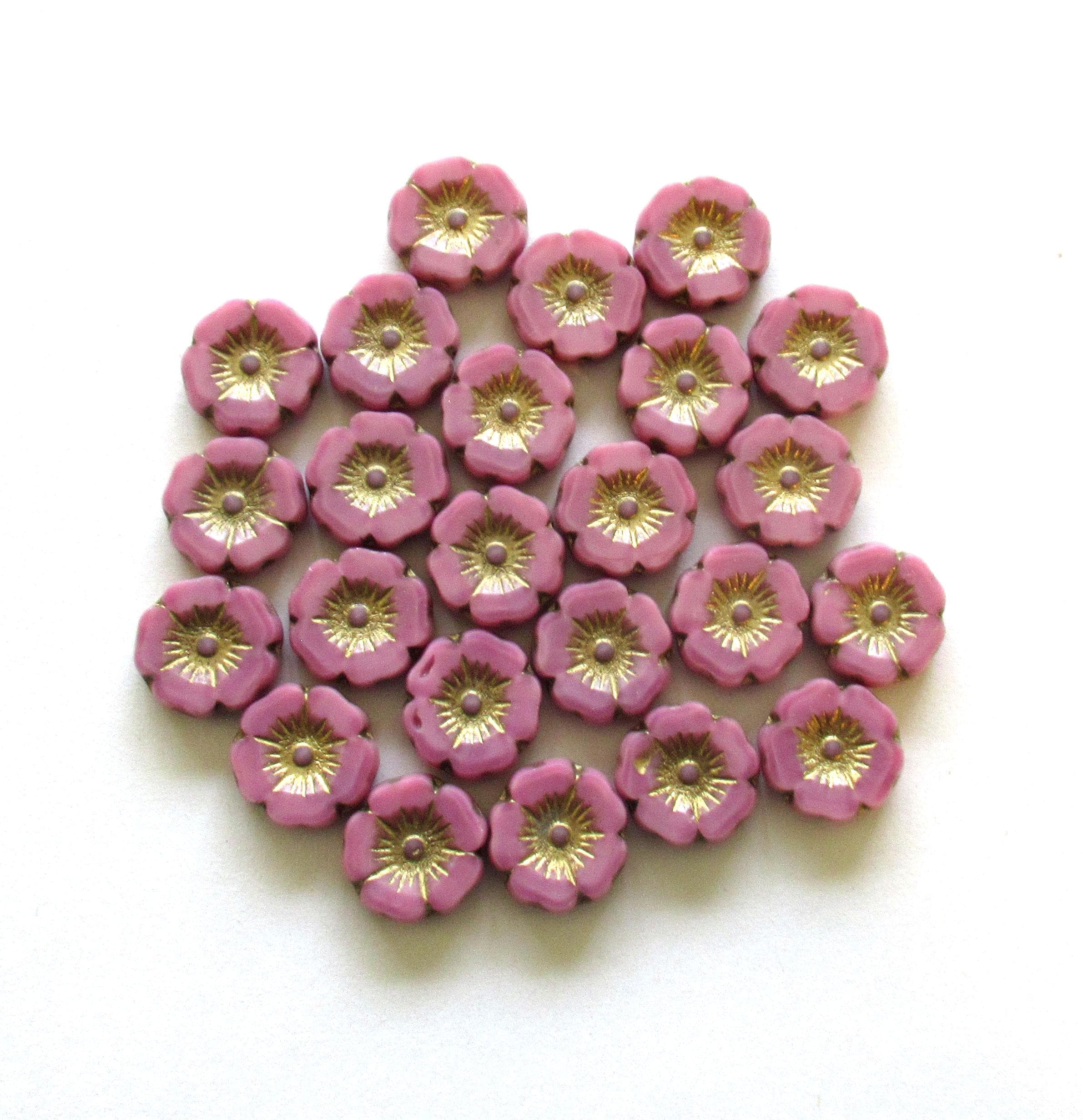 Czech glass flower beads - 12mm - opaque marbled pink &gold silk beads - table cut carved Hawaiian hibiscus floral beads - 8 beads - C00392