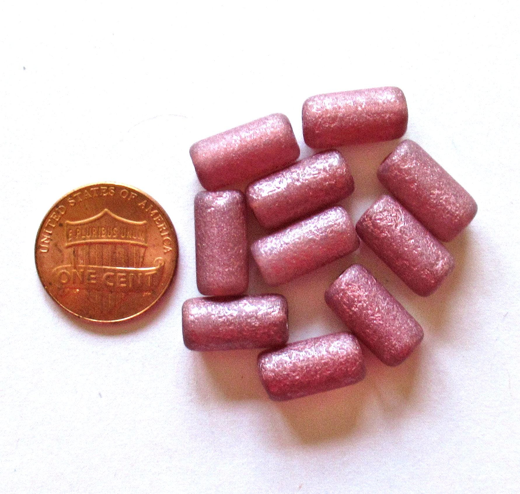 Ten Czech glass tube beads - etched pink w/ big 2mm holes - 7 x 14mm - C00052