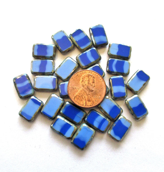 Ten Czech glass rectangle beads - 8 x 12mm - striped light and dark blue beads w/ a silver picasso finish along the edges - C00221