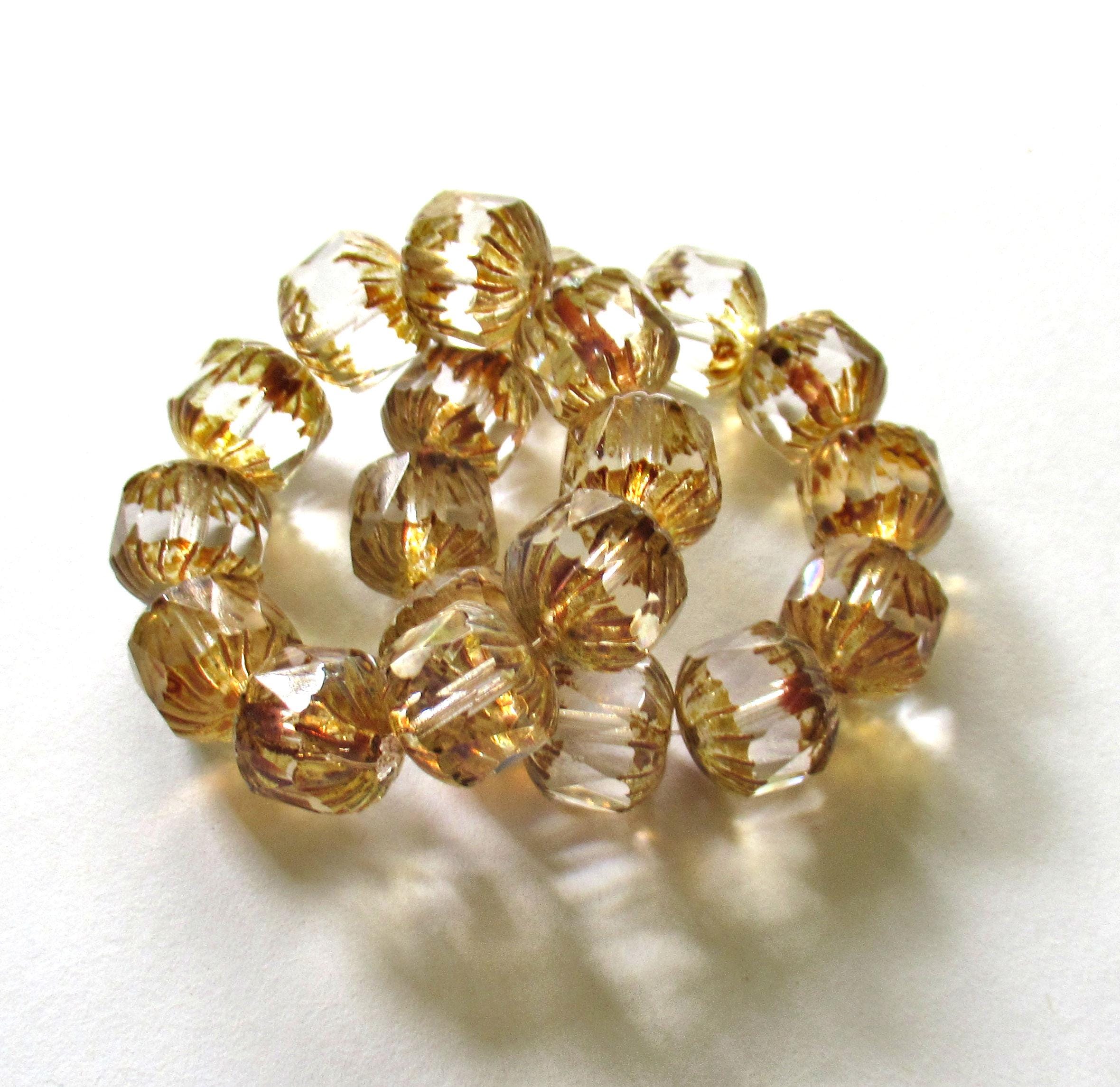 Ten Czech glass faceted carved cruller beads - 10mm - crystal clear picasso - cathedral beads - 00004