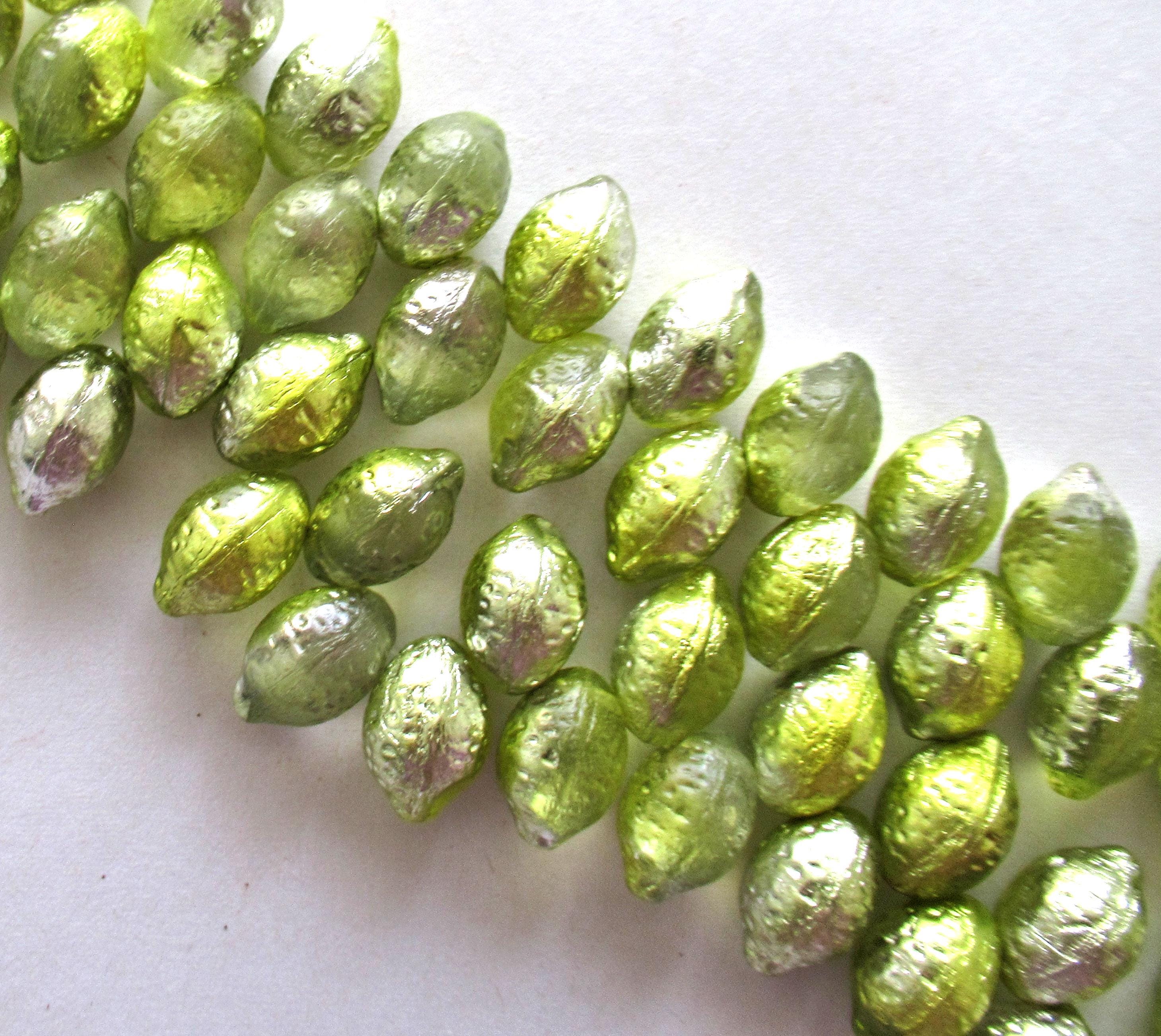 Lemon shaped drop beads - 14 x 10mm - yellow green & silver - side drilled - pressed Czech glass beads - 10 pieces - C00831