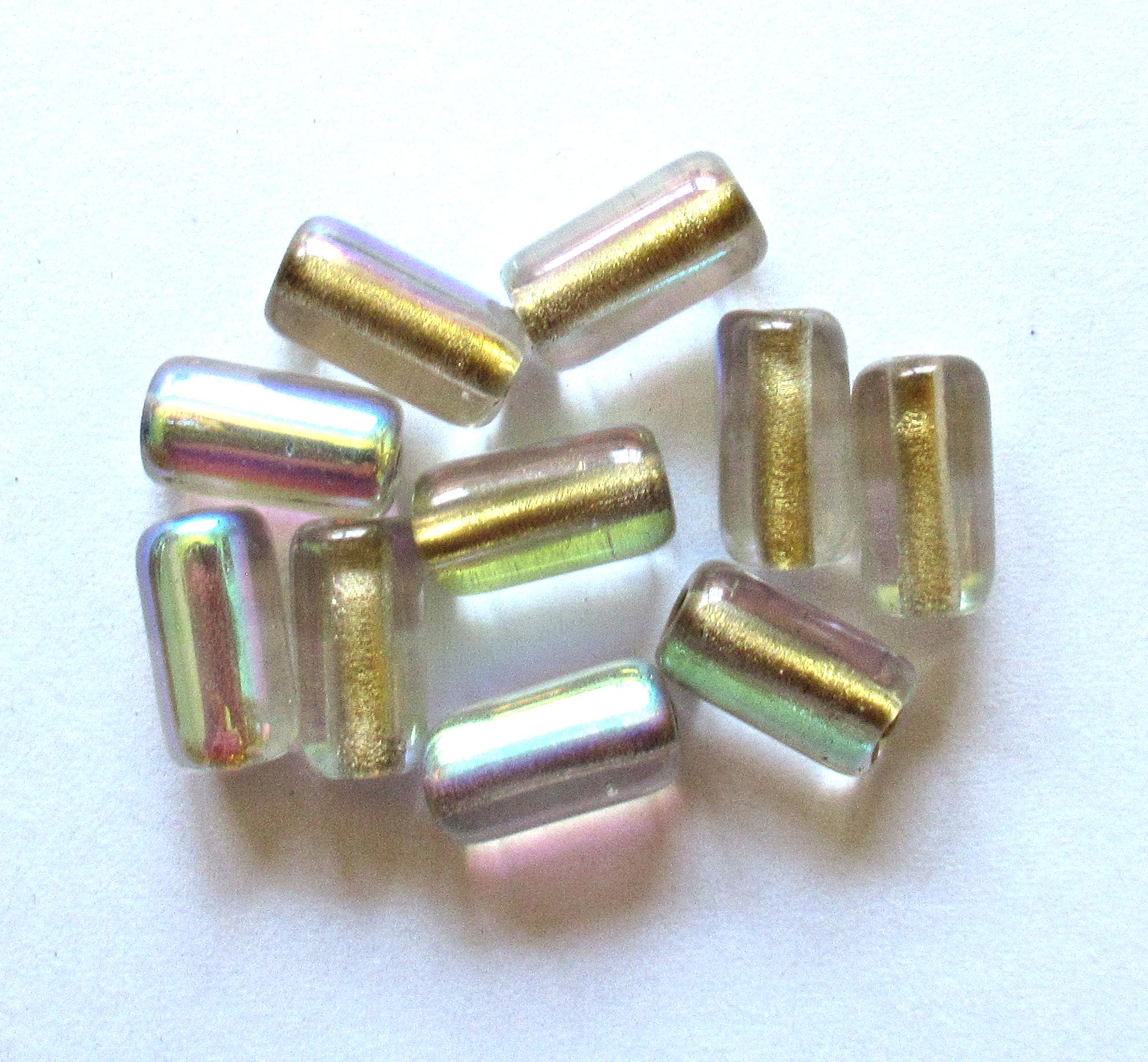 Ten Czech glass tube beads - crystal clear AB w/ gold lining - big 2mm holes - 7 x 14mm - C00081