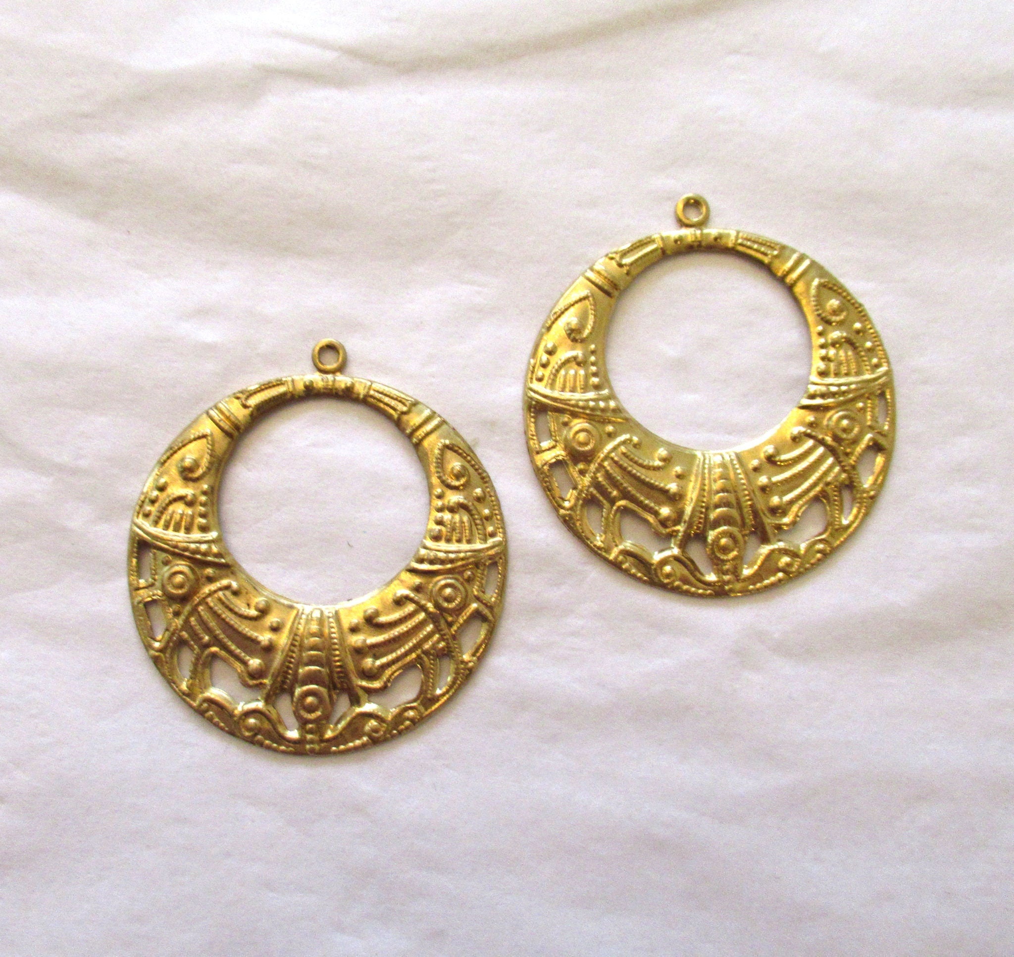 2 Raw Brass Stampings - ornate dangles - charms - drops - earrings 36mm - made in the USA C00542
