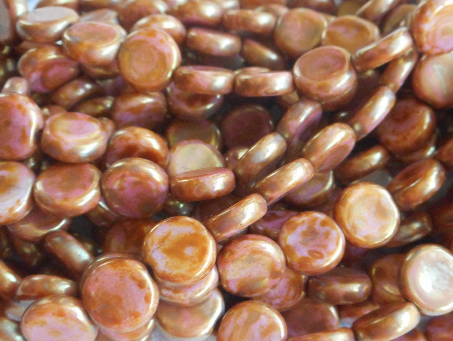Lot of 25 8mm Czech glass flat round beads, opaque pink with a full picasso goldstone finish coin or disc beads 00141