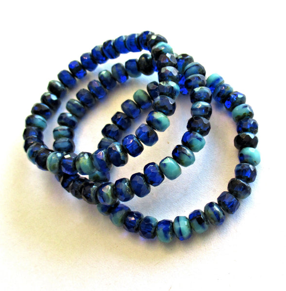30 Czech glass puffy rondelle beads - 3 x 5mm transparent cobalt blue & opaque turquoise color mix faceted fire polished rondelles 00041