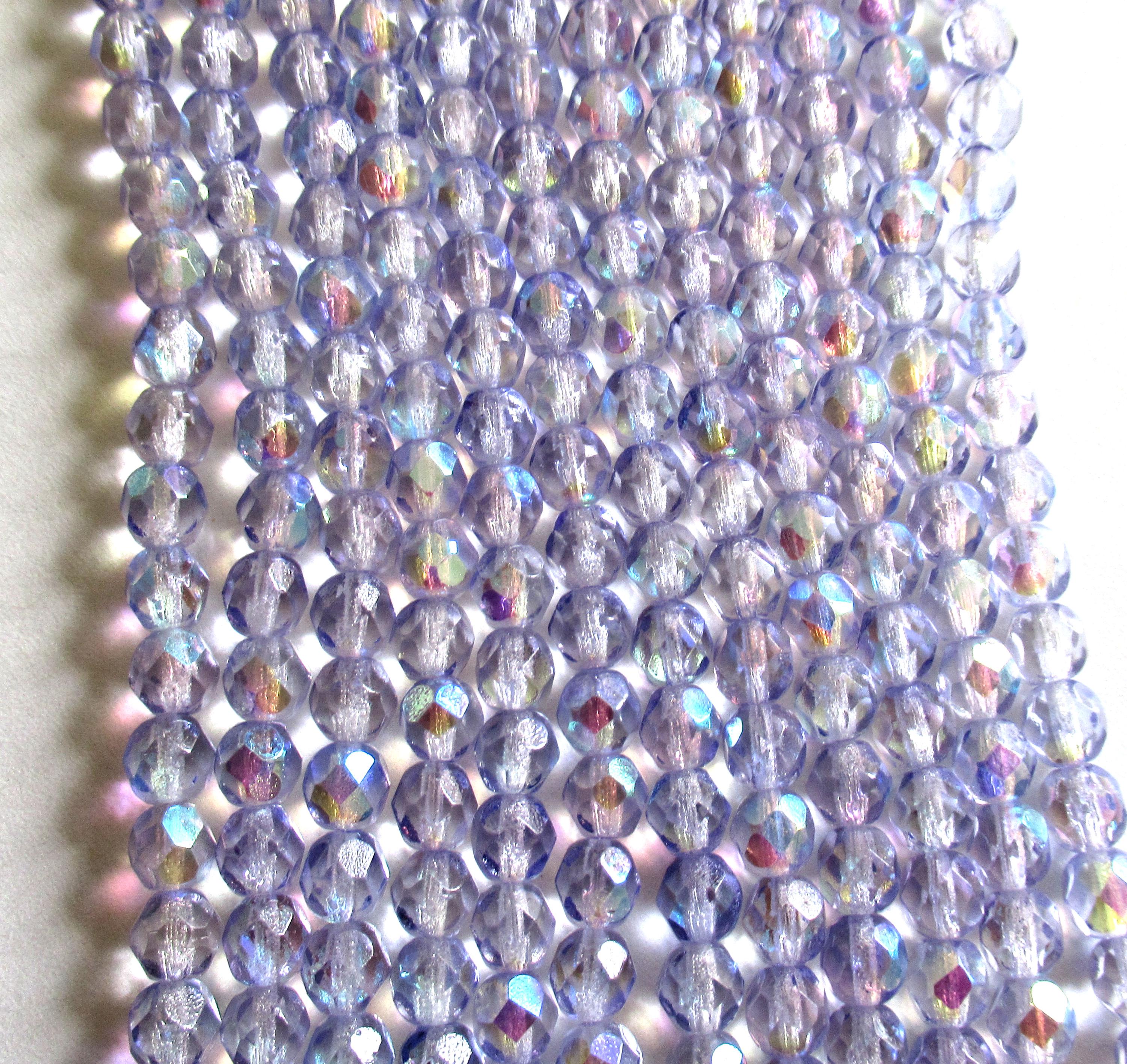 25 6mm Czech glass beads - Coated Lavender AB - lilac / light purple - fire polished faceted round beads - C0007