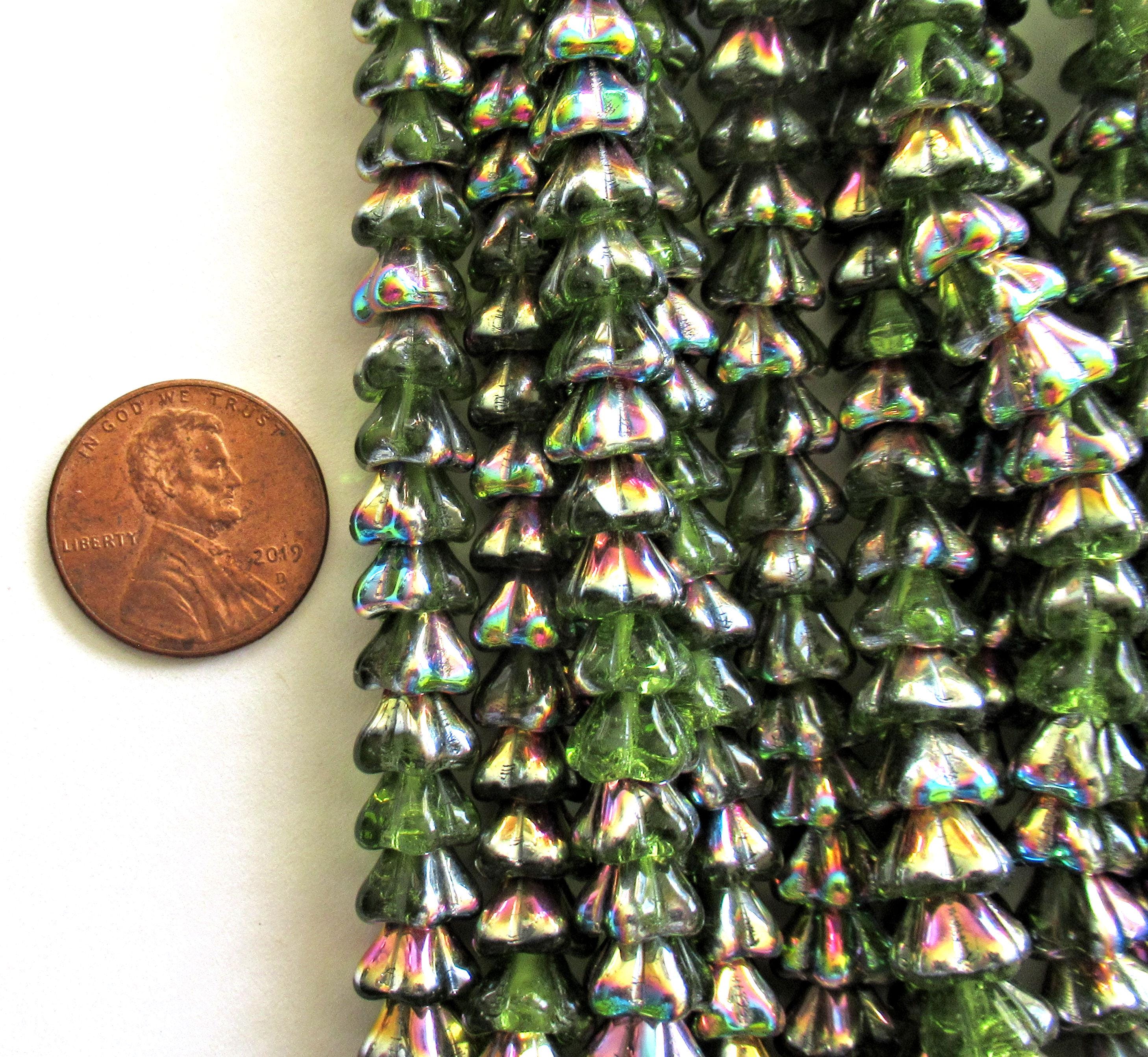 25 Czech glass bell flower beads - olivine green vitrail pressed glass flower beads - 8 x 6mm - C0026 - Glorious Glass Beads