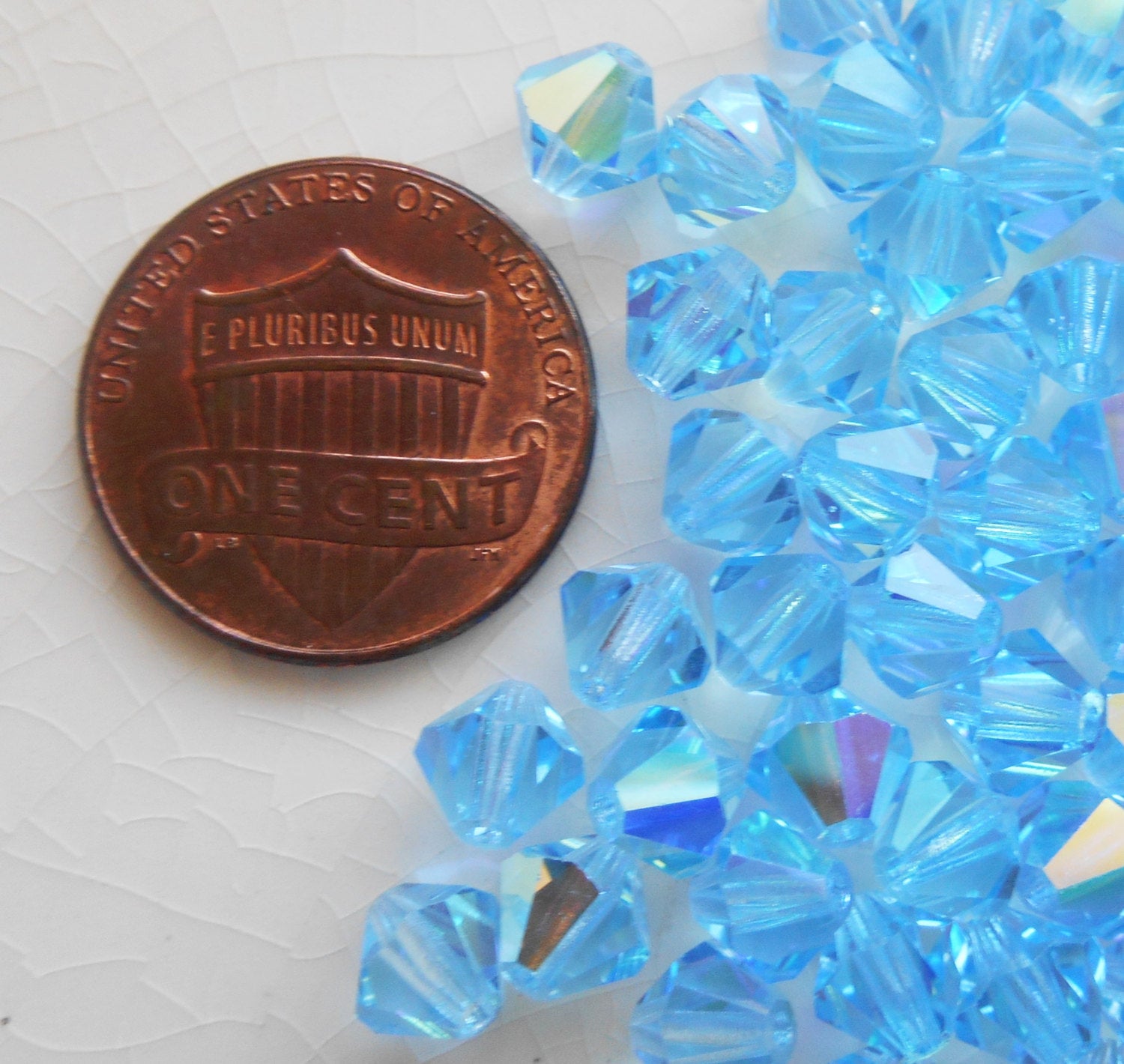 Lot of 24 6mm Aqua, Aquamarine AB Czech Preciosa Crystal bicone beads, faceted glass blue AB bicones C50101