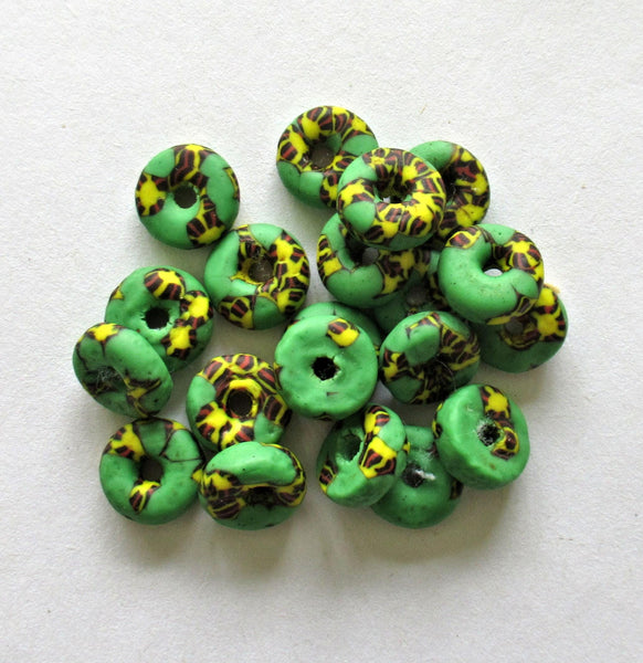 15 African recycled glass rondelle spacer beads - green yellow & black beads - 10 to 11mm by 3.5mm thick - big hole - rustic beads - 00241