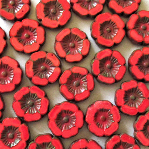 Czech glass flower beads - 12mm - opaque coral red picasso - table cut carved - Hawaiian hibiscus flower beads - 8 pieces - C00122