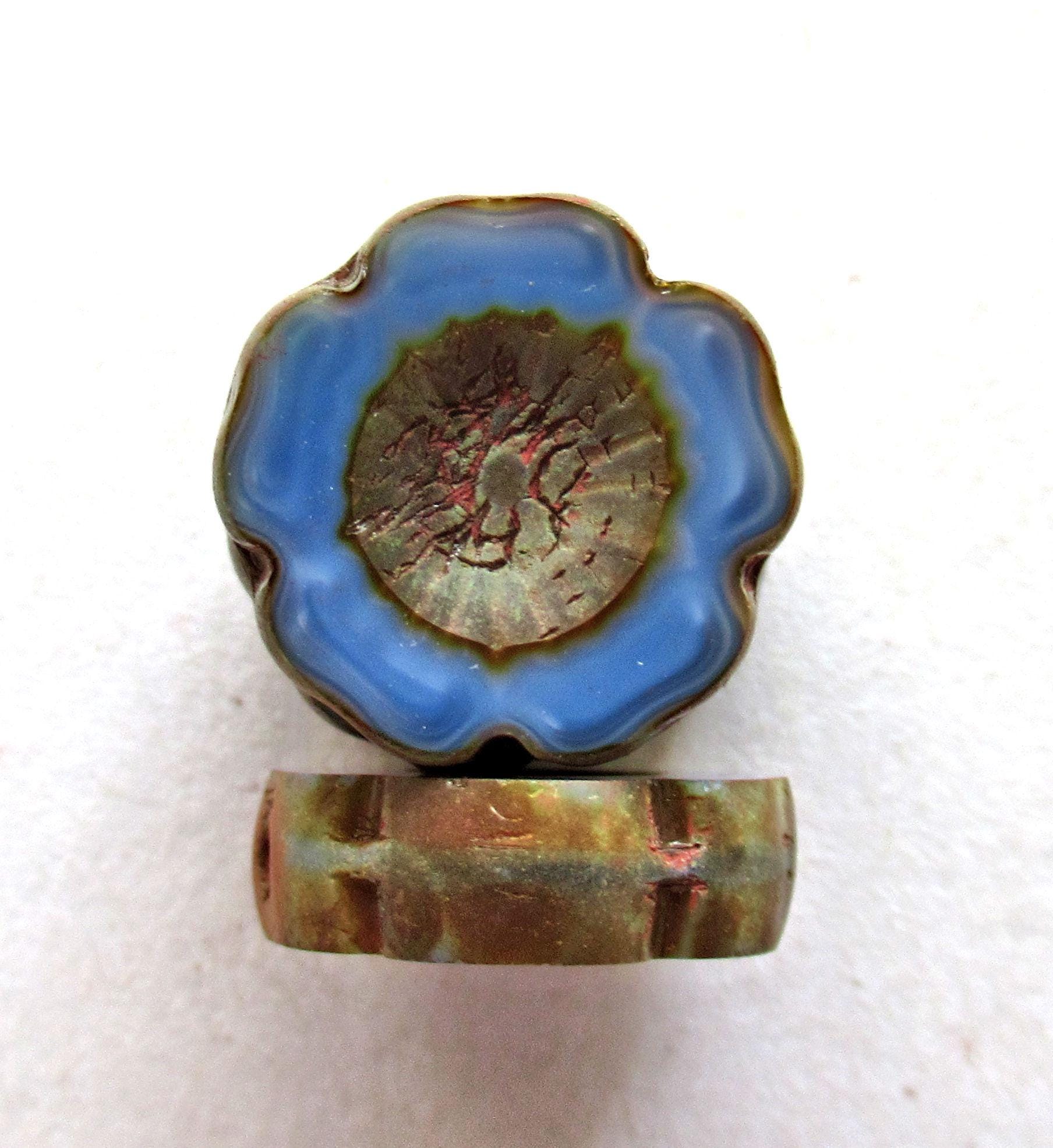 Six Czech glass flower beads - 14mm - marbled cornflower blue w/ picasso accents - table cut carved - Hawaiian hibiscus flower beads C00501