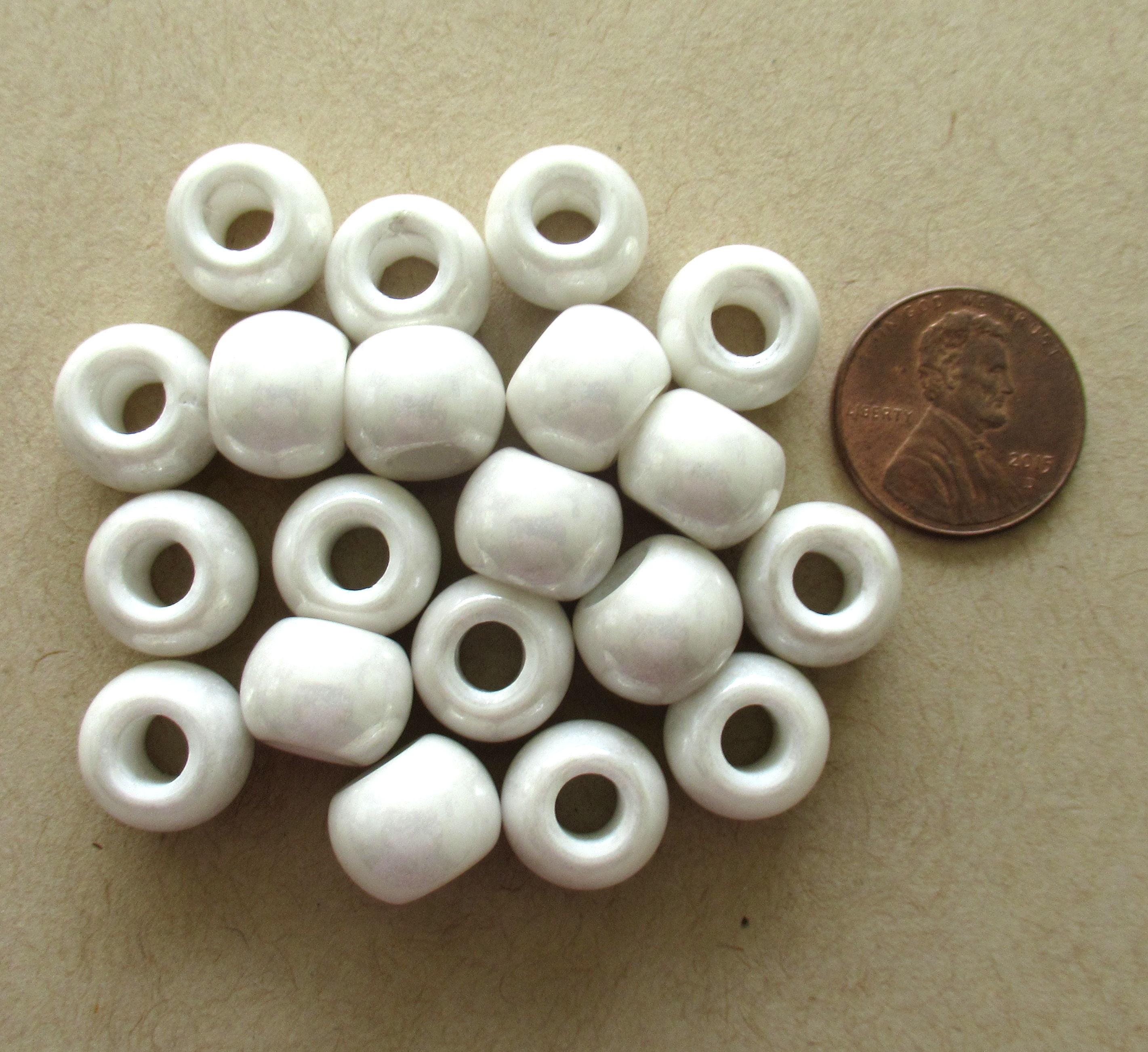 Large big hole round druk beads - 12mm - opaque white luster Czech glass druks - large 4mm holes - six pieces - C00401