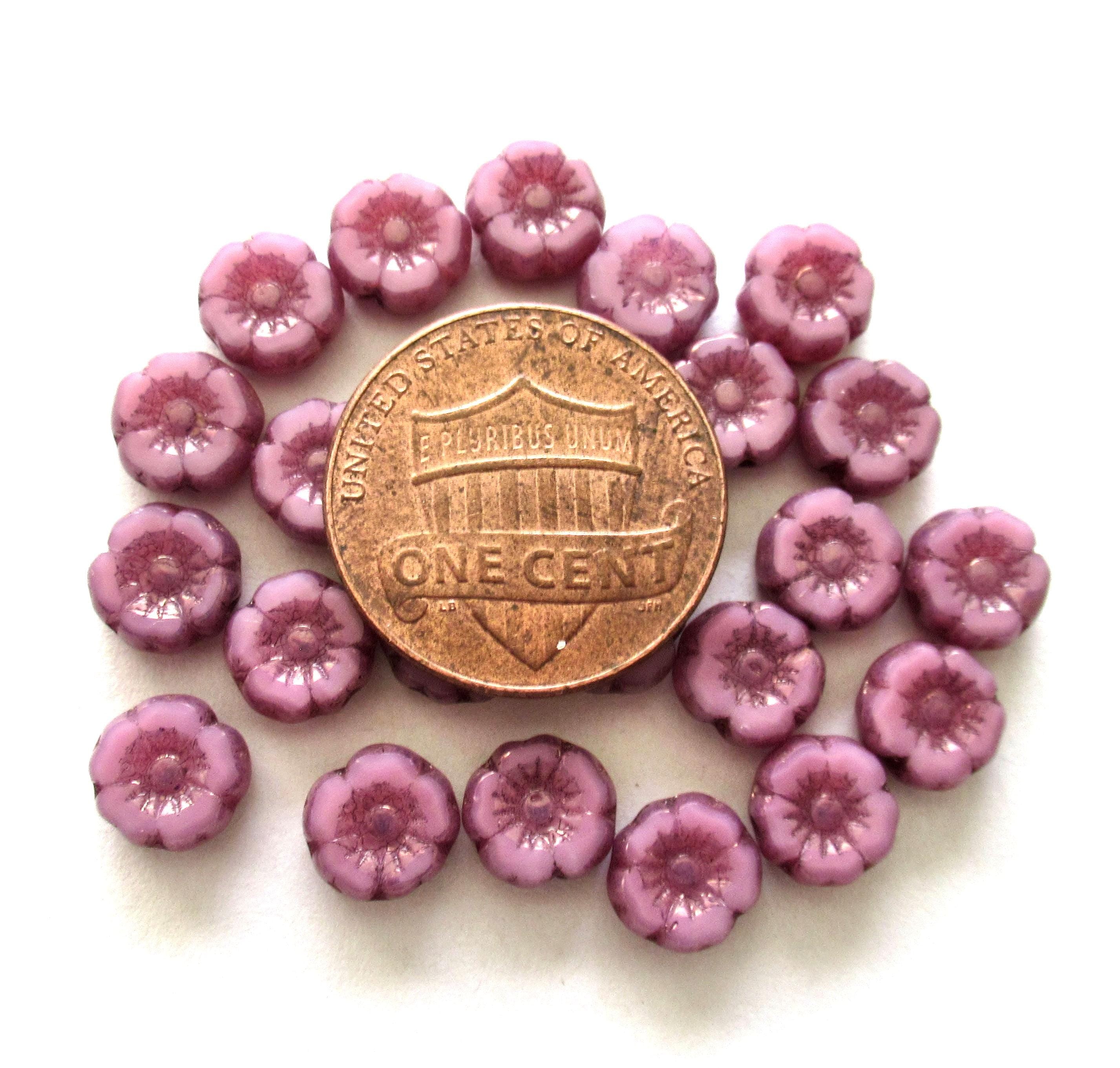 Lot of twelve 7mm Czech glass flower beads - pink opal with bronze accents - table cut carved Hawaiian hibiscus floral beads - C00081