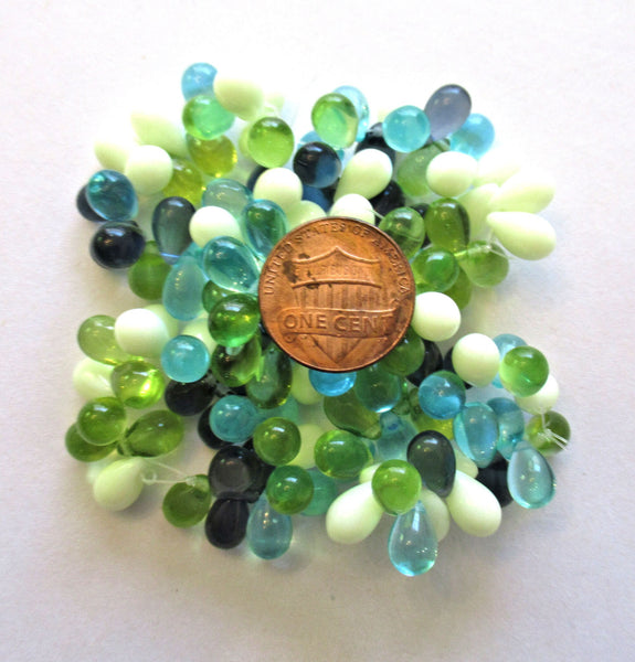 25 Czech glass drop beads - transparent blue and green & opaque white mix w/a picasso finish - smooth teardrop beads - 9 x 6mm C00041