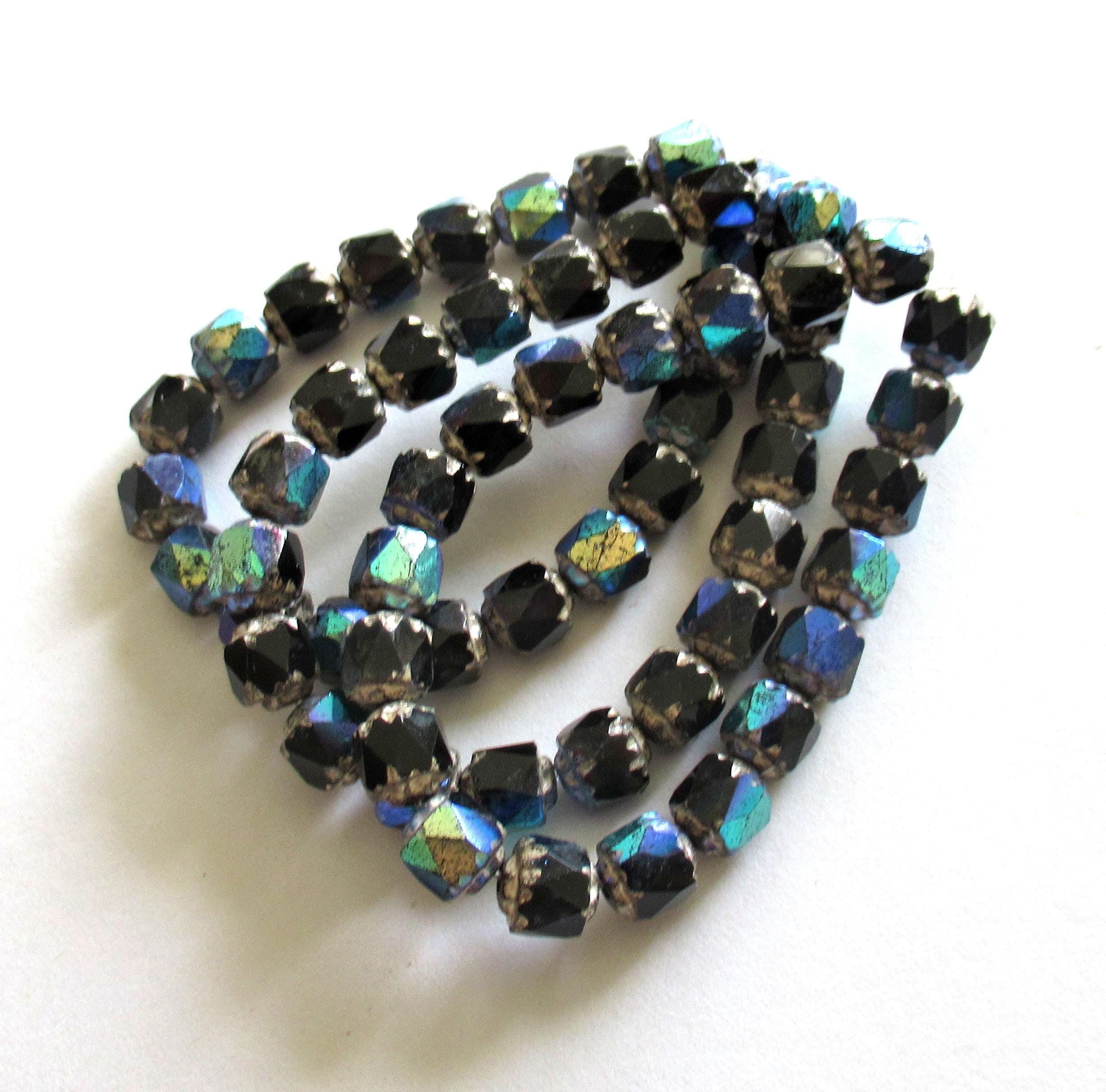 20 6mm Czech glass cathedral beads - black ab w/ silver picasso accents - faceted fire polished antique cut beads C00561