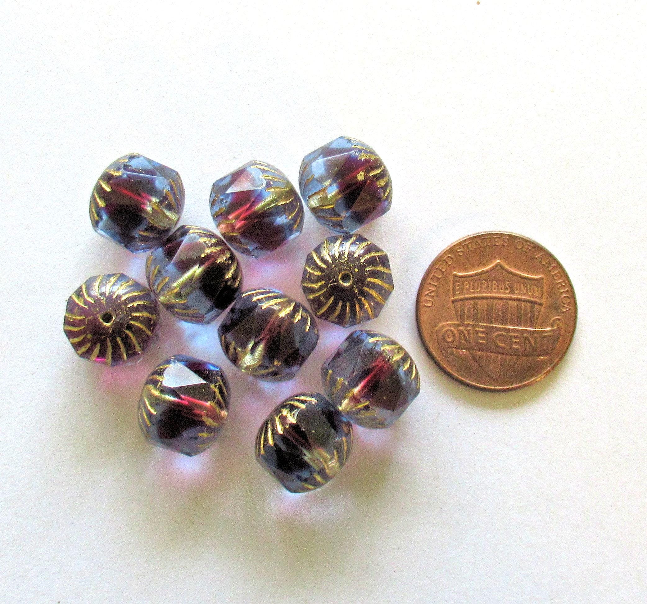 Ten large Czech glass center faceted cruller beads - 10mm - light sapphire blue & deep pink fuchsia cathedral beads w/ gold accents - 00084