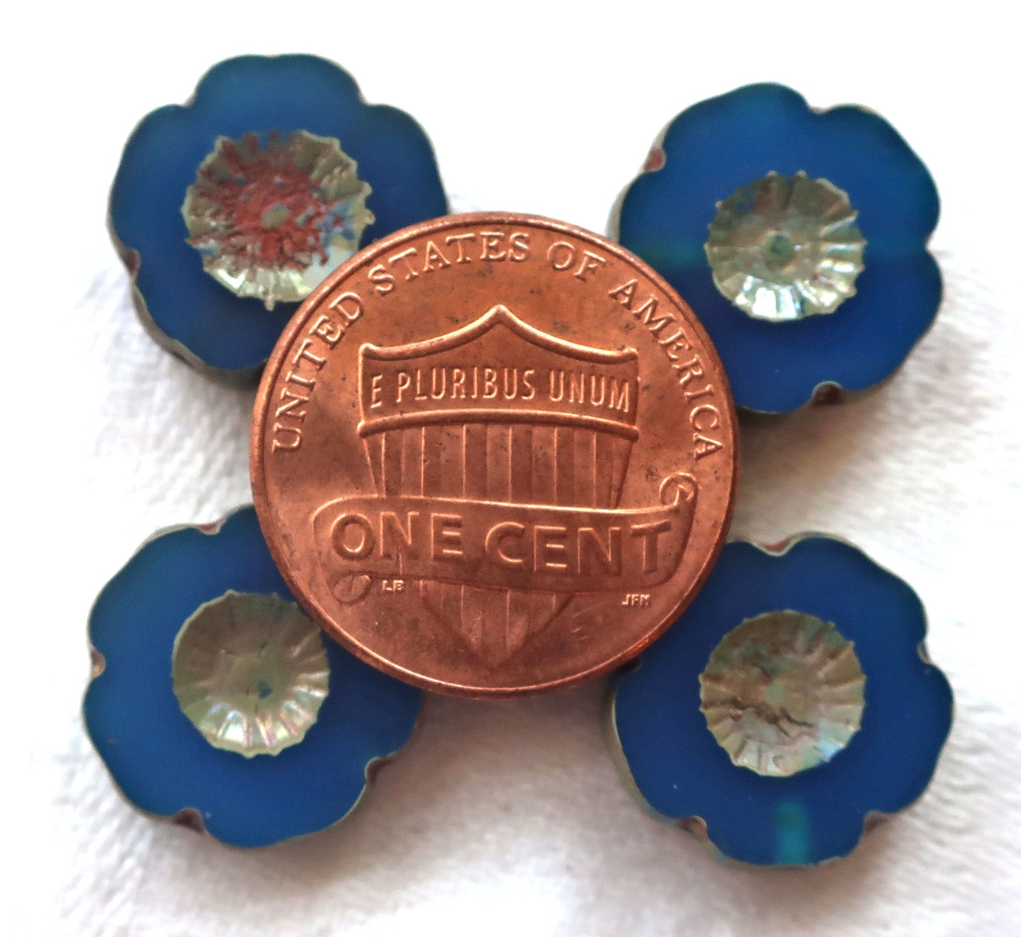 Six 14mm Czech glass flower beads. table cut, carved, translucent capri blue with a picasso finish, Hawaiian flowers C02101