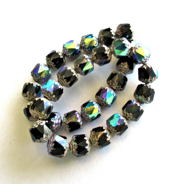 Fifteen 8mm Czech glass cathedral beads - jet black ab w/ silver picasso accents - faceted fire polished antique cut beads - C00361