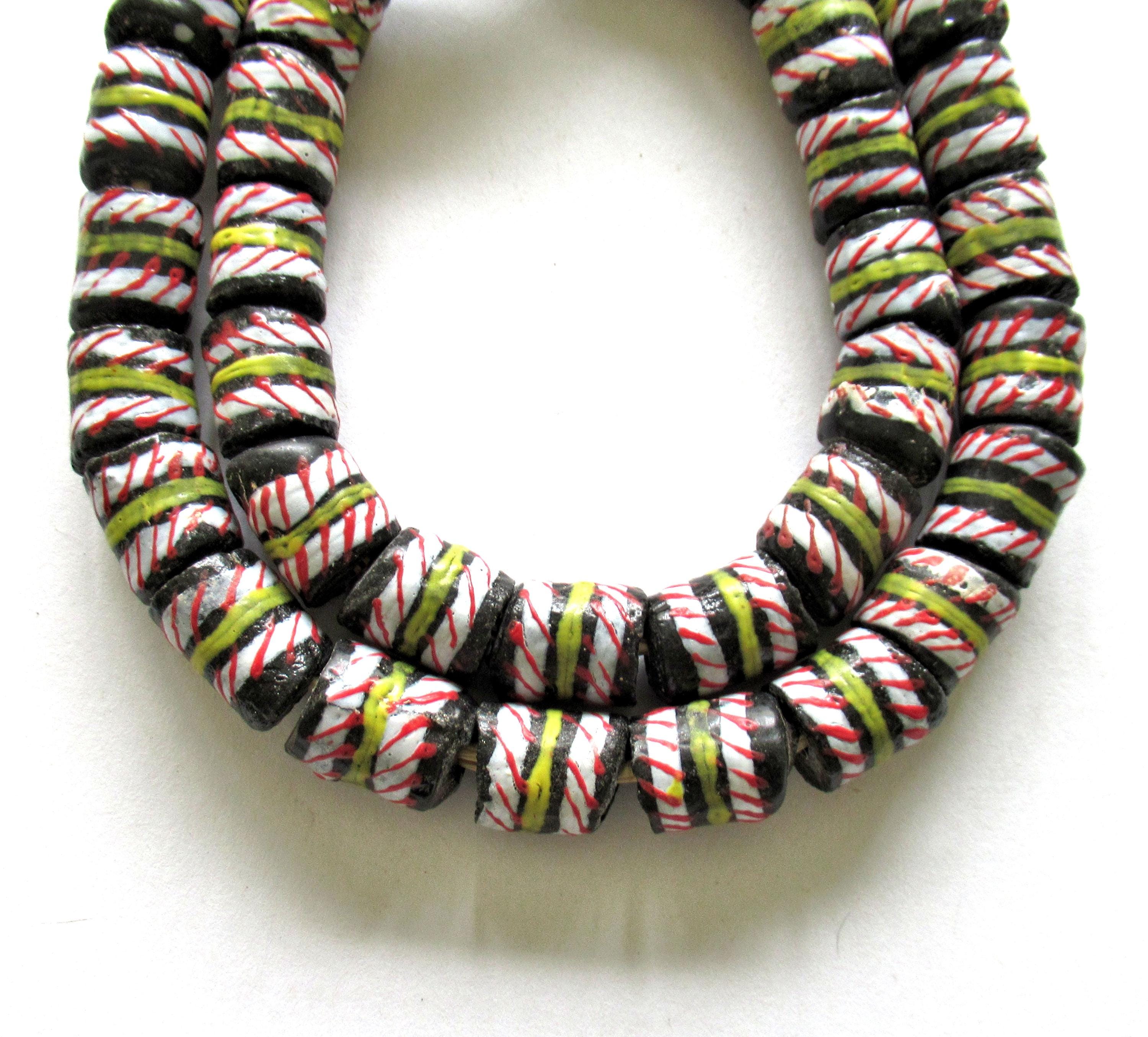 8 African Ghana glass tube beads - black beads w/ a white red & yellow stripes- 13 - 16mm by 11 to 12.5mm - big hole beads - C00771