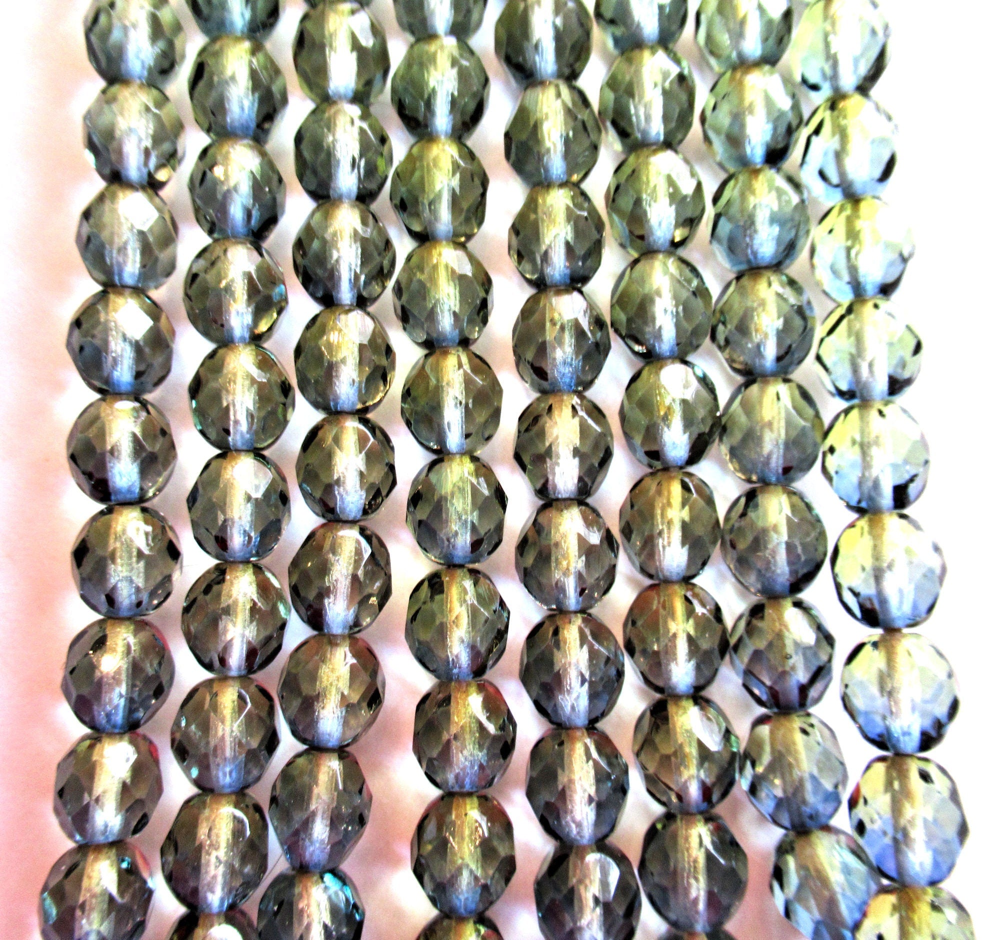 25 8mm Czech glass beads - olivine green & blue color mix - fire polished, faceted beads - C00401