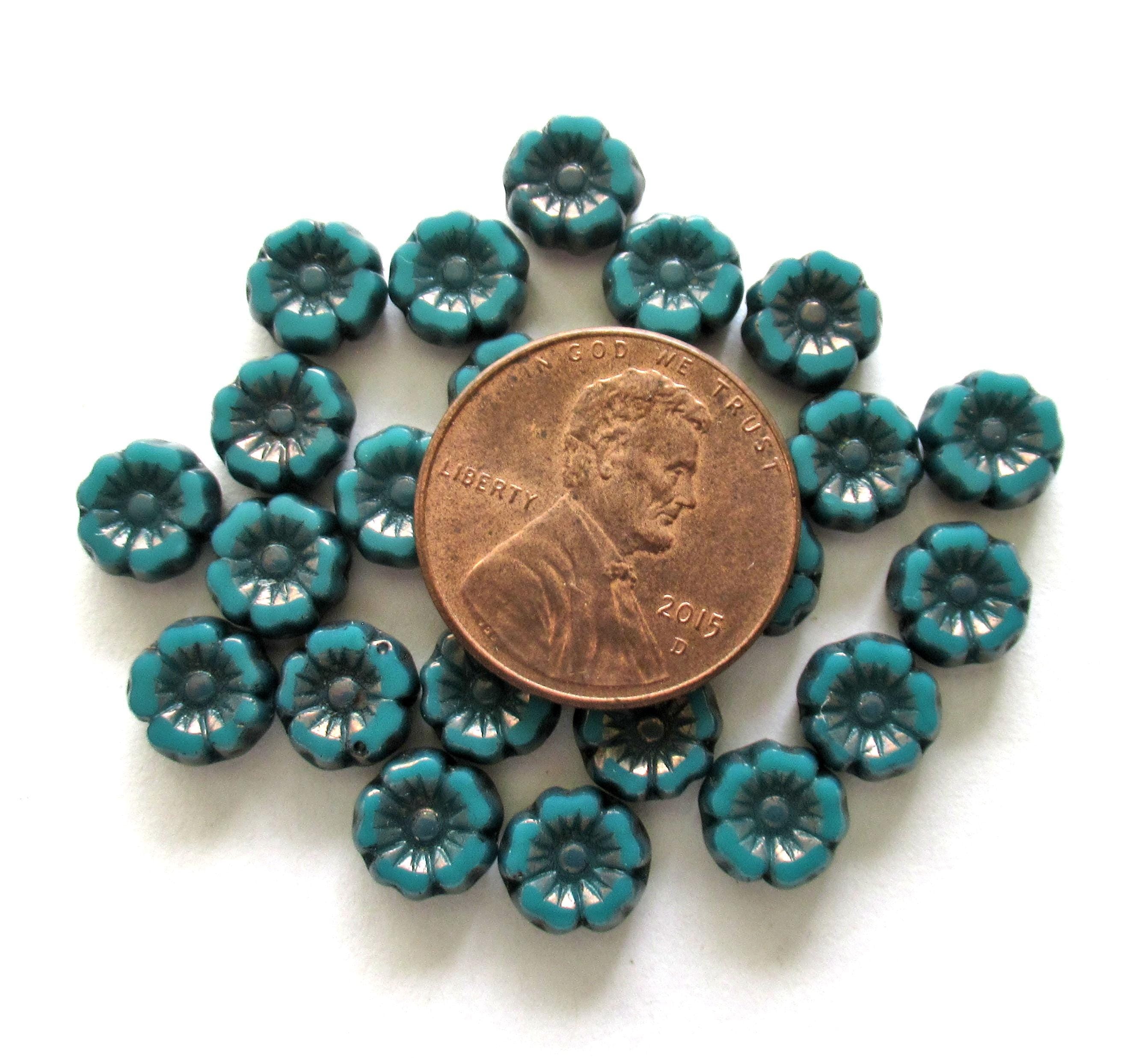 12 small 7mm Czech glass flower beads - teal or Persian turquoise blue green Hawaiian flowers w/ bronze accents - table cut - beads C00071