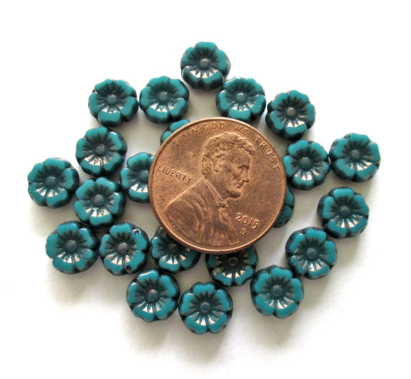 12 small 7mm Czech glass flower beads - teal or Persian turquoise blue green Hawaiian flowers w/ bronze accents - table cut - beads C00071
